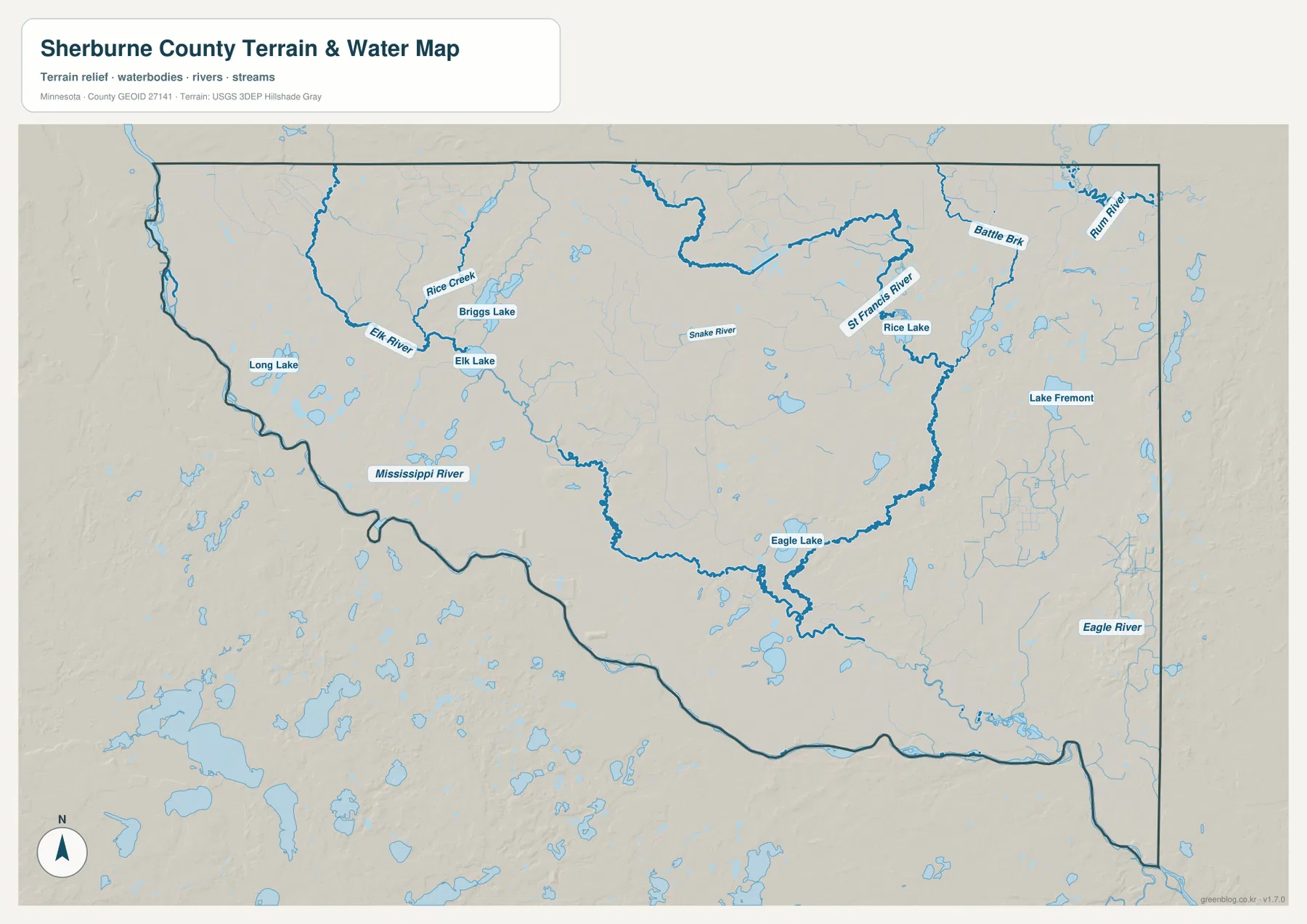 Mississippi River, Elk River, St. Francis River, Snake River, Briggs Lake, Elk Lake, Rice Lake, Lake Fremont를 보여 주는 Sherburne County 수역 지도
