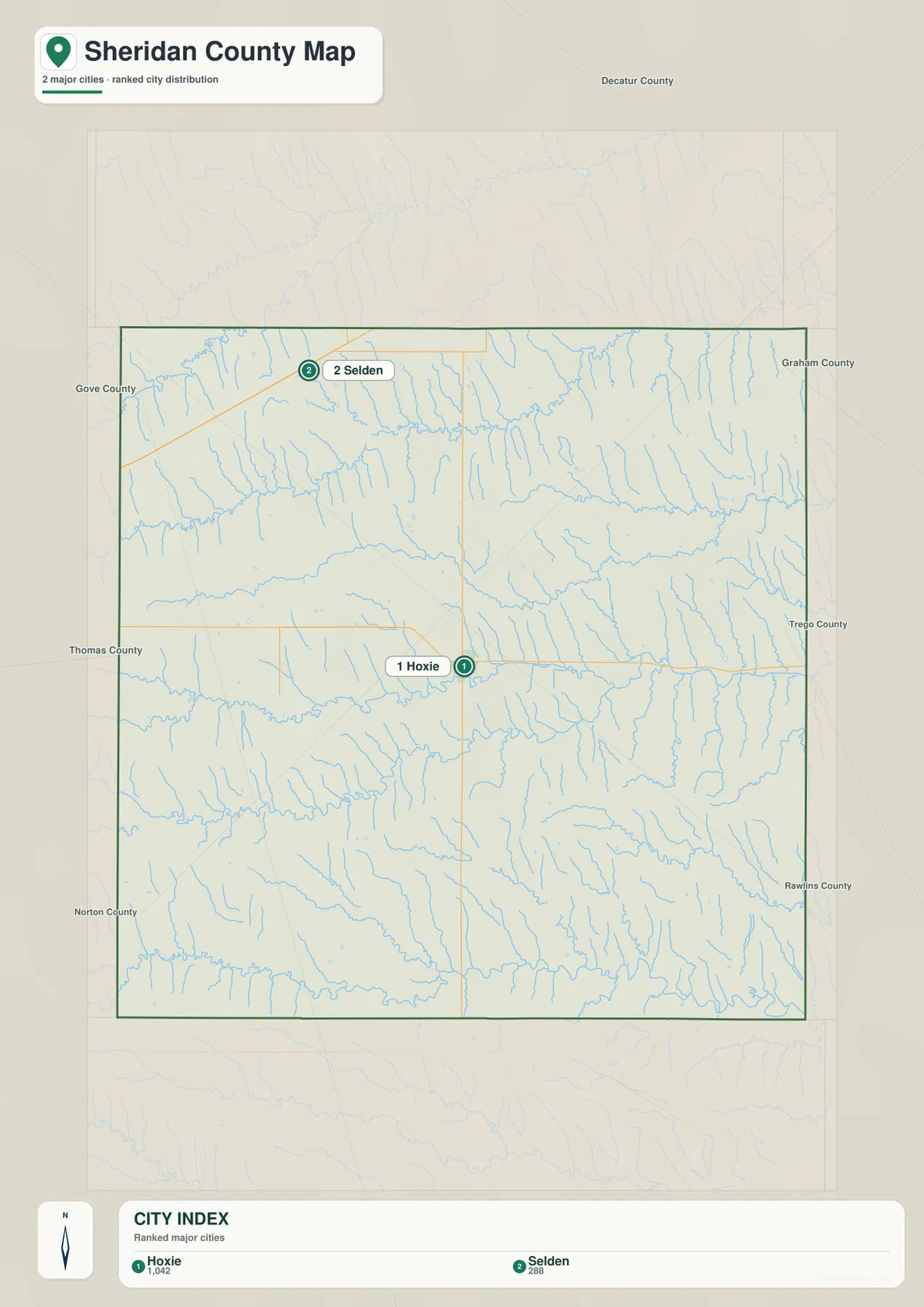 Sheridan County Kansas city map showing Hoxie and Selden