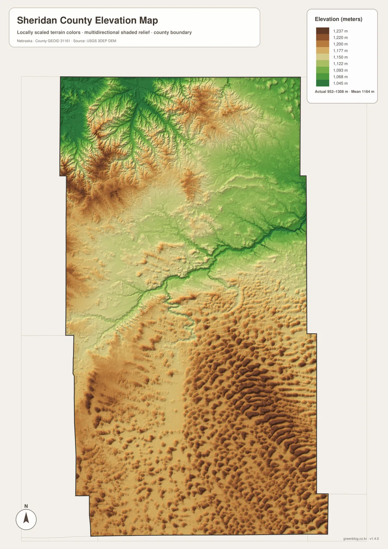 Sheridan County elevation map showing Pine Ridge, the Niobrara River valley and southern Sandhills