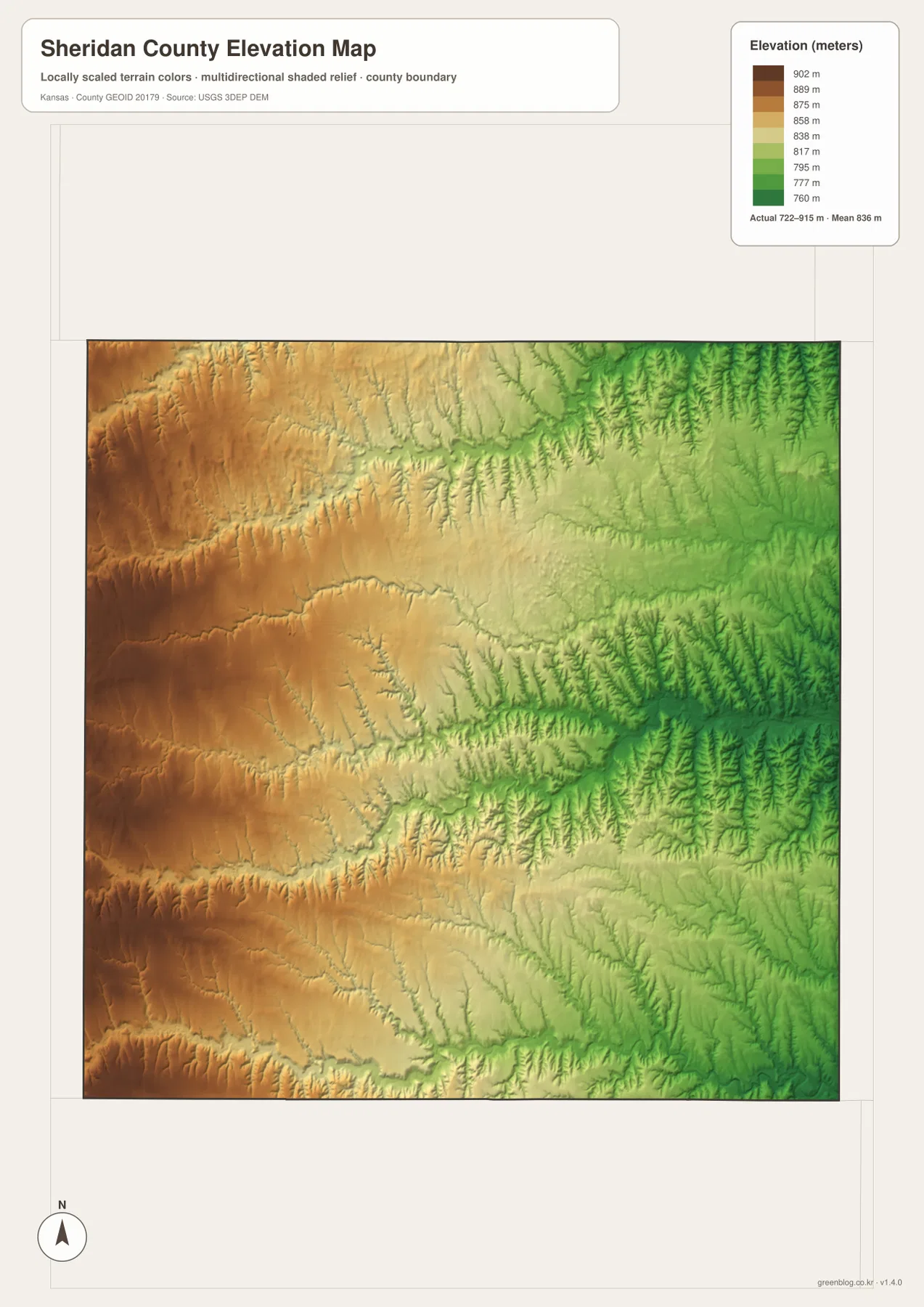 Sheridan County Kansas elevation map showing 722 to 915 meter relief, high western plains and lower Solomon and Saline river valleys