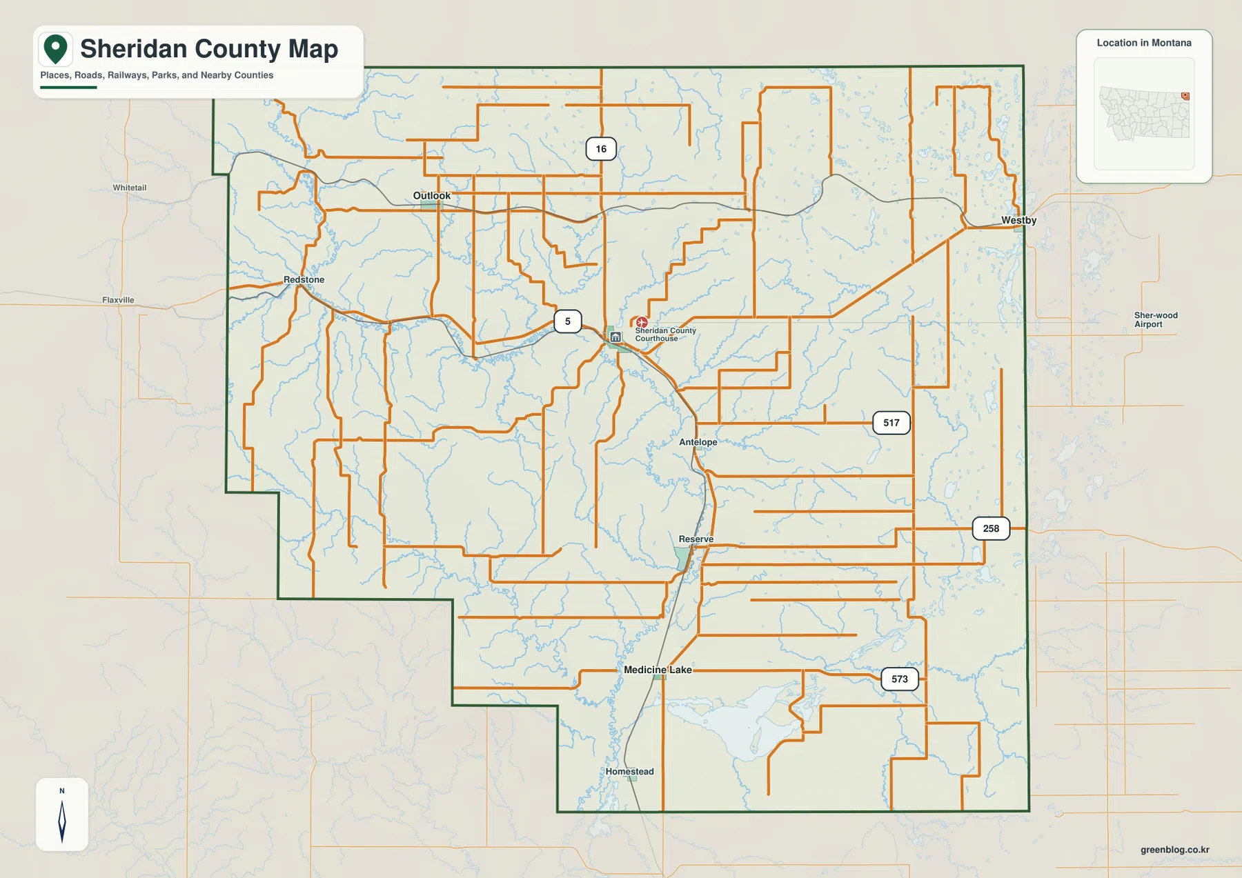 Plentywood, Outlook, Westby, Antelope, Reserve, Medicine Lake와 Route 5, 16, 517, 258, 573을 표시한 Sheridan County Montana 지도