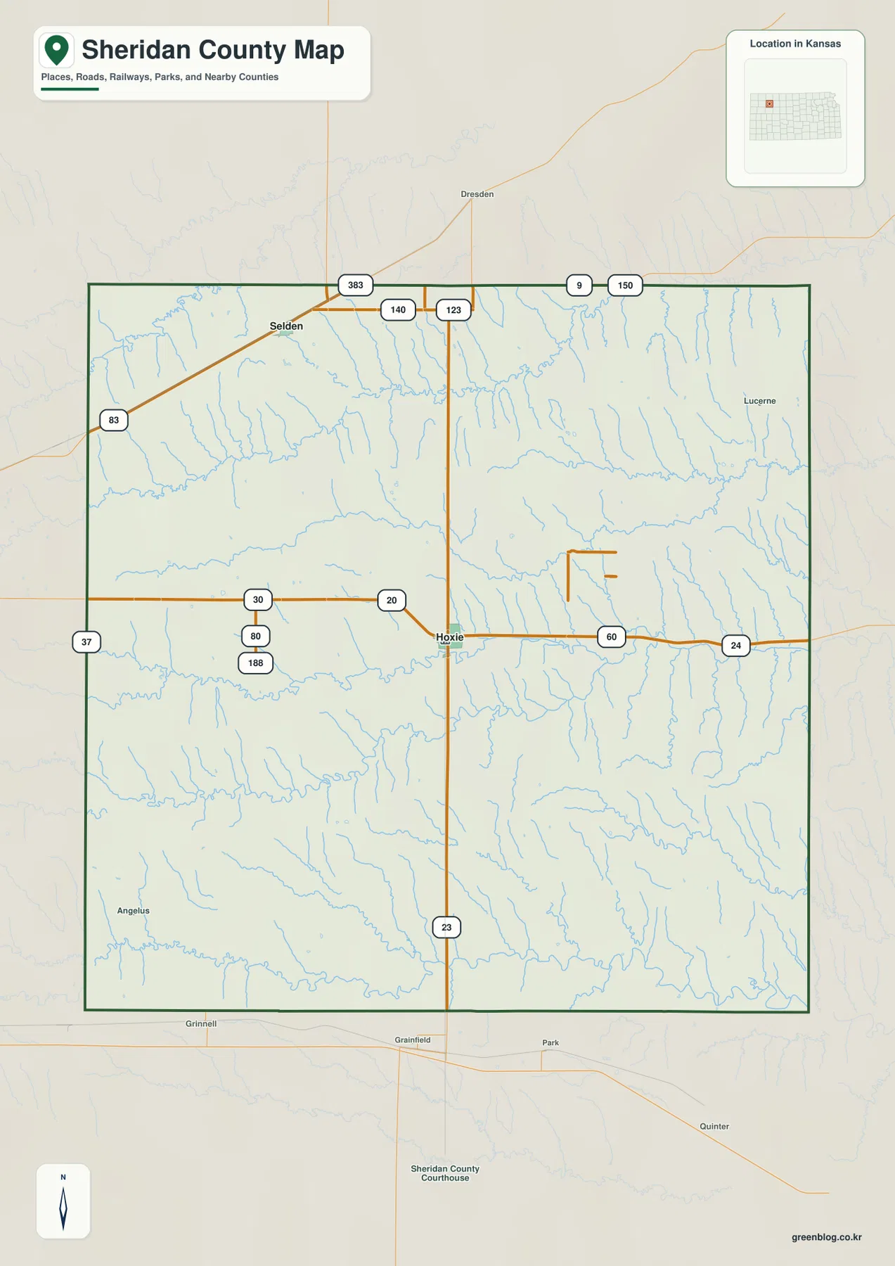 캔자스주 셰리던 카운티 Hoxie, Selden, US 24, US 83, K-23 주요 도로 지도