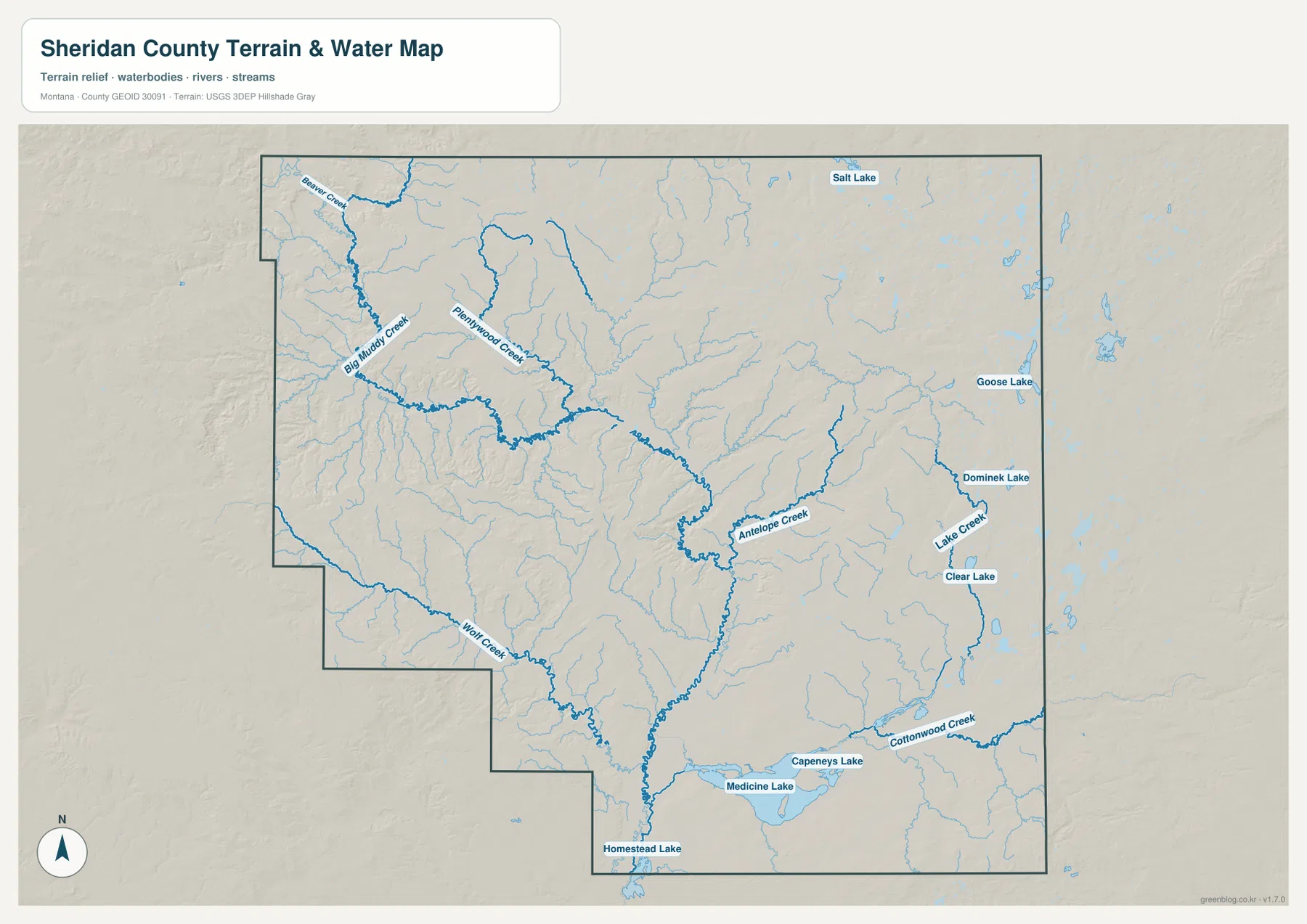 Big Muddy Creek, Plentywood Creek, Antelope Creek, Wolf Creek, Medicine Lake와 주요 호수를 표시한 Sheridan County 수역 지형 지도