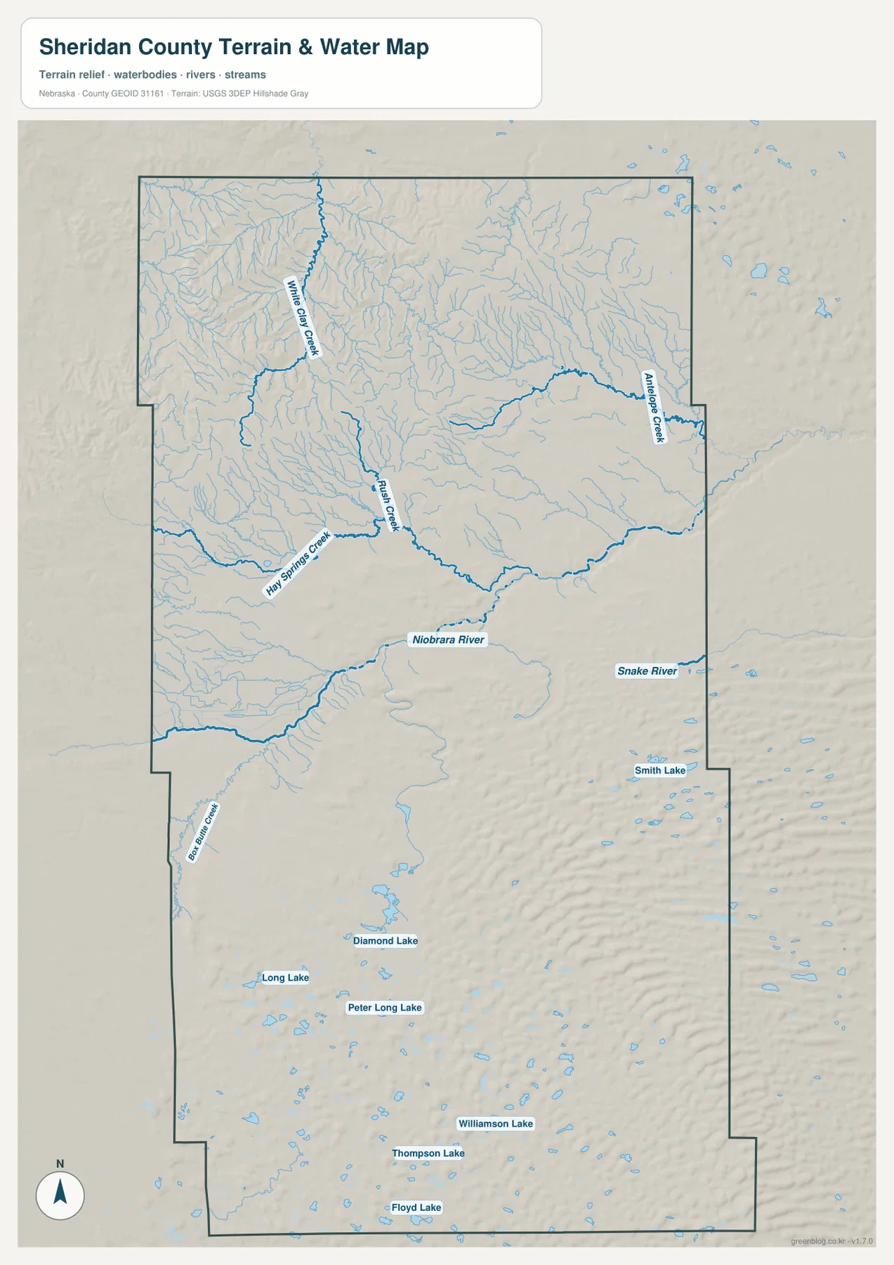 Sheridan County water map showing Niobrara River, White Clay Creek, Rush Creek, Antelope Creek and Sandhills lakes