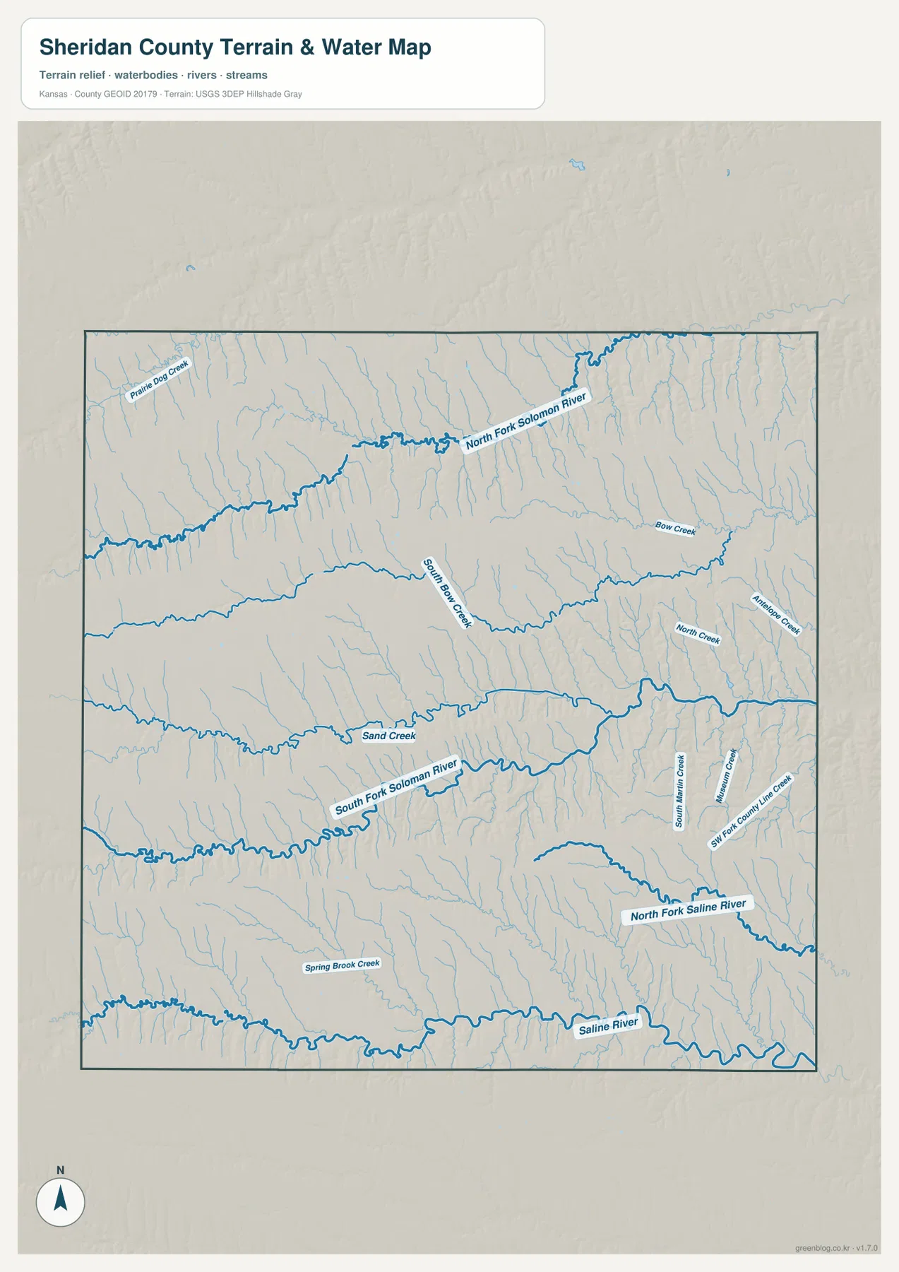 셰리던 카운티 North Fork Solomon River, South Fork Solomon River, Saline River, Sand Creek와 South Bow Creek 수역 지도