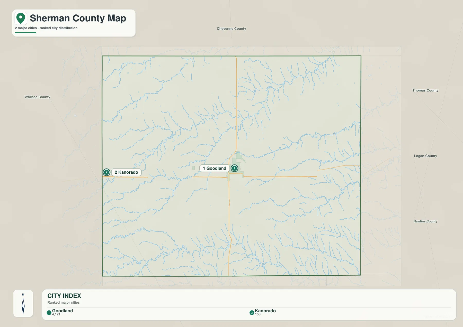 Sherman County Kansas city map showing Goodland and Kanorado