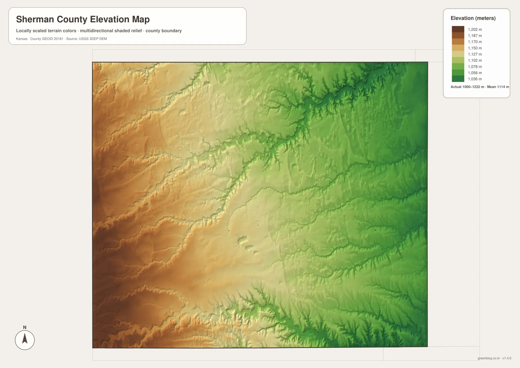 Sherman County Kansas elevation map showing 1000 to 1222 meter relief, high western plains and lower eastern creek valleys