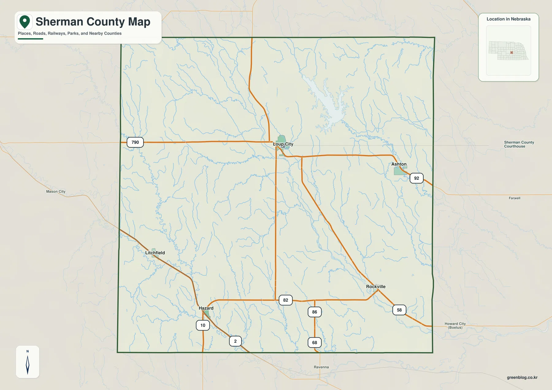 Loup City, Ashton, Rockville, Hazard, Litchfield와 주요 도로를 표시한 Sherman County Nebraska 지도