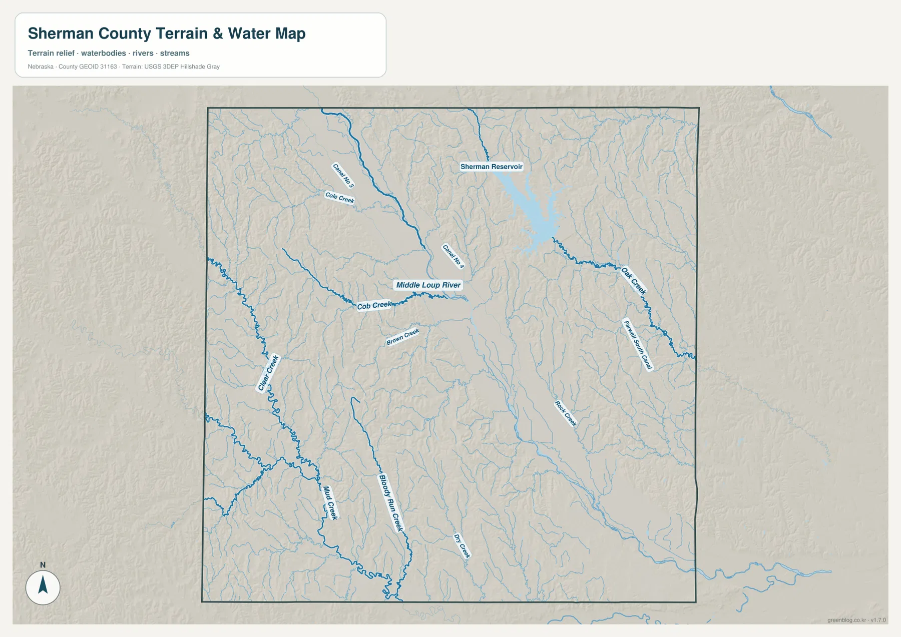 Middle Loup River, Sherman Reservoir, Oak Creek, Clear Creek, Mud Creek를 표시한 Sherman County 물길 지도