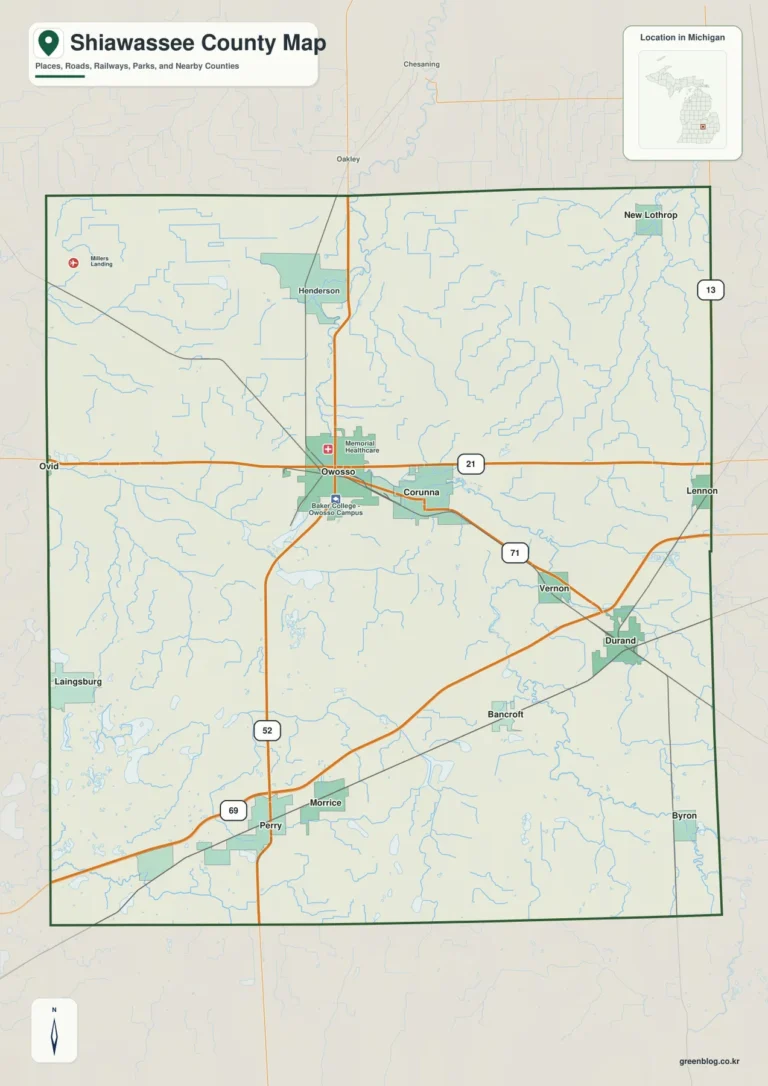 시아와시 카운티(Shiawassee County) 지도 – Owosso·Durand와 Shiawassee River, 남부 구릉