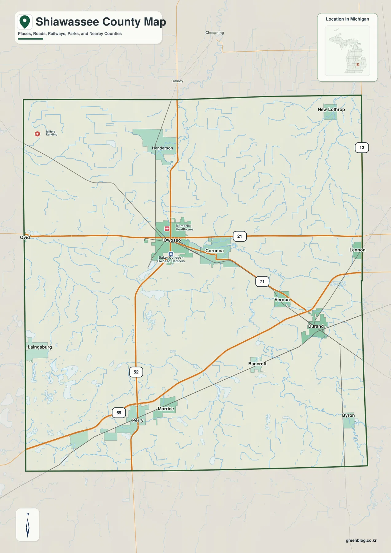 Shiawassee County의 Owosso, Corunna, Durand, M-21, M-52, I-69와 주요 철도·하천을 보여 주는 카운티 지도