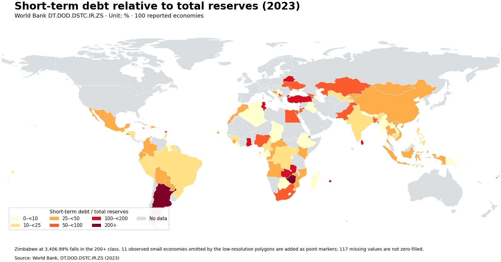 World map of short-term debt as a percentage of total reserves in 2023
