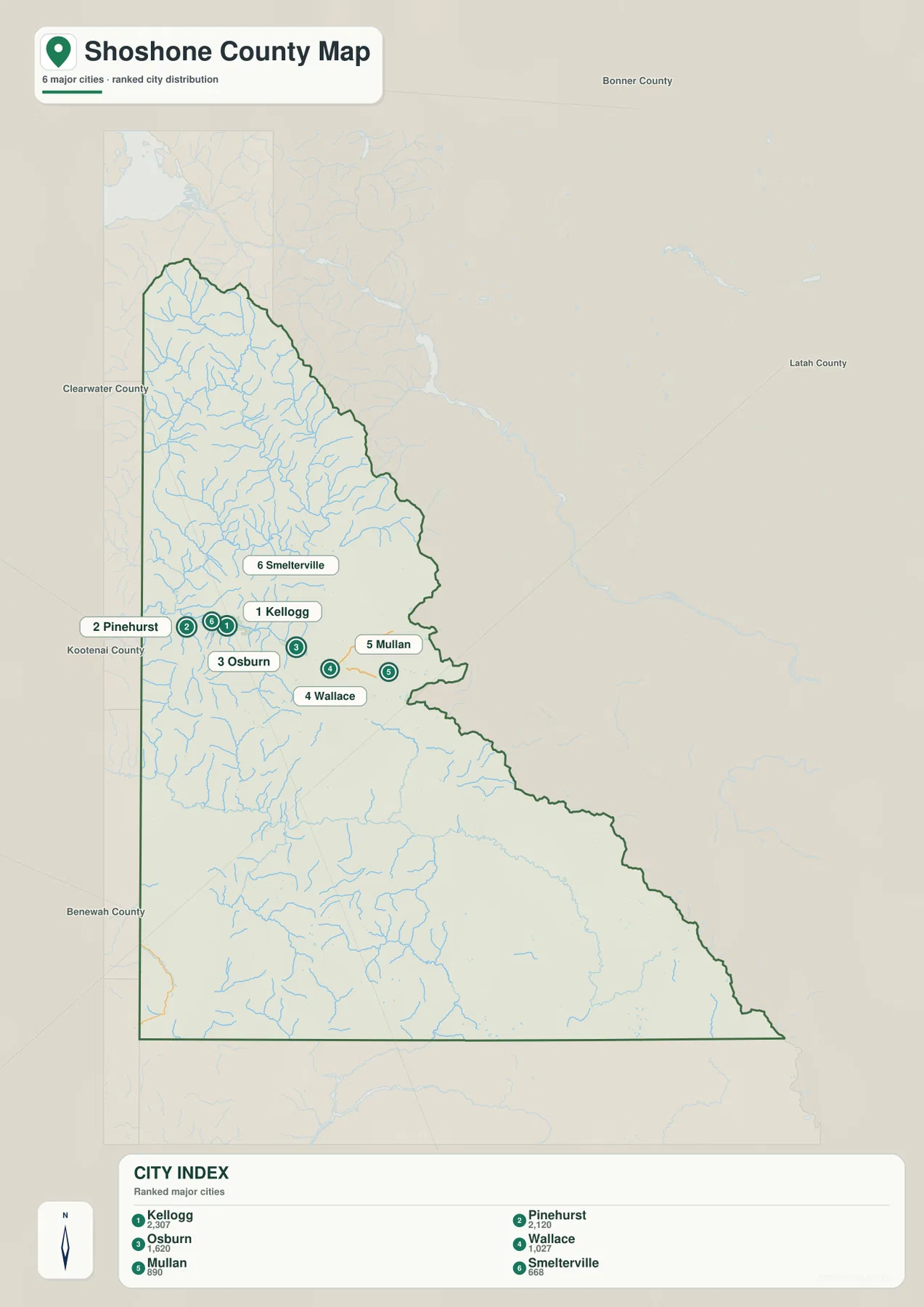 Shoshone County city map showing Kellogg, Pinehurst, Osburn, Wallace, Mullan, and Smelterville in the Silver Valley