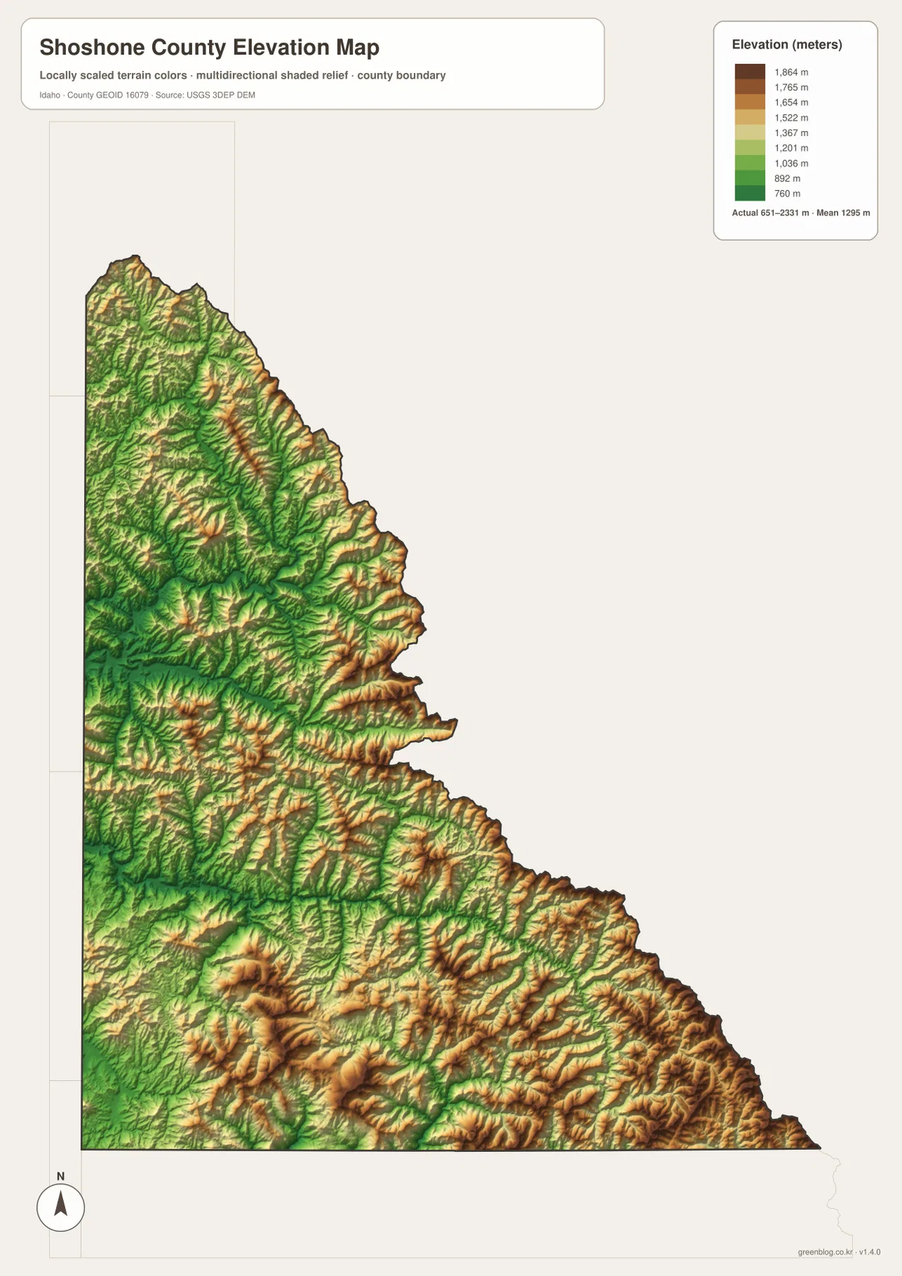 Shoshone County elevation map showing approximately 651 to 2331 meters of relief, low valleys, and high mountain ridges