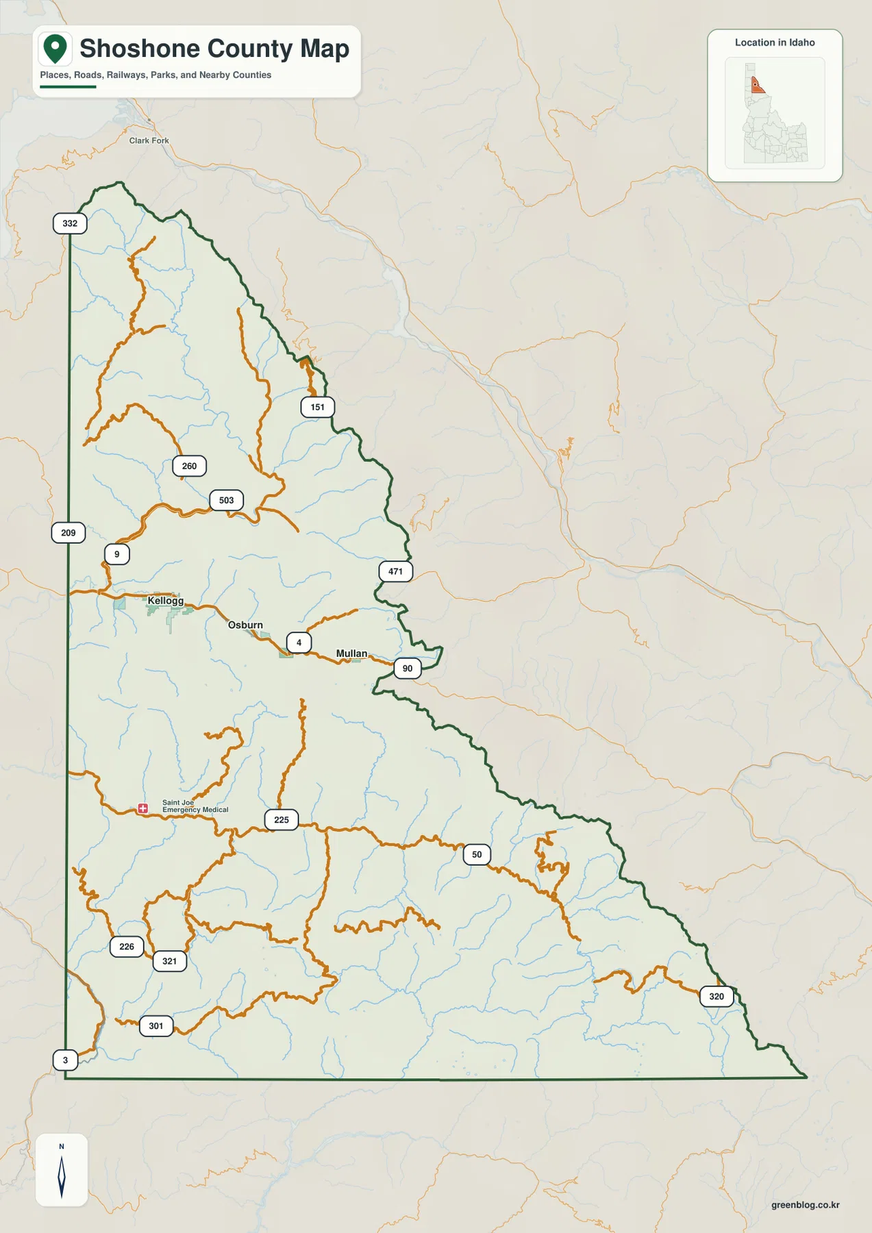 Shoshone County Idaho map showing the boundary, I-90, Kellogg, Osburn, Wallace, Mullan, and mountain roads