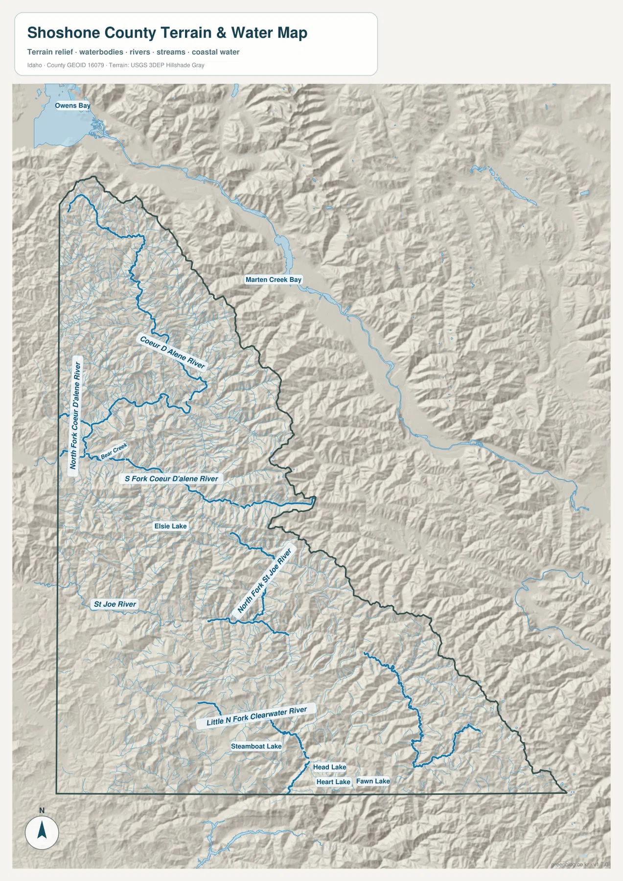 Shoshone County terrain and water map showing Coeur d’Alene River forks, St. Joe River, Little North Fork Clearwater River, lakes, and mountain terrain