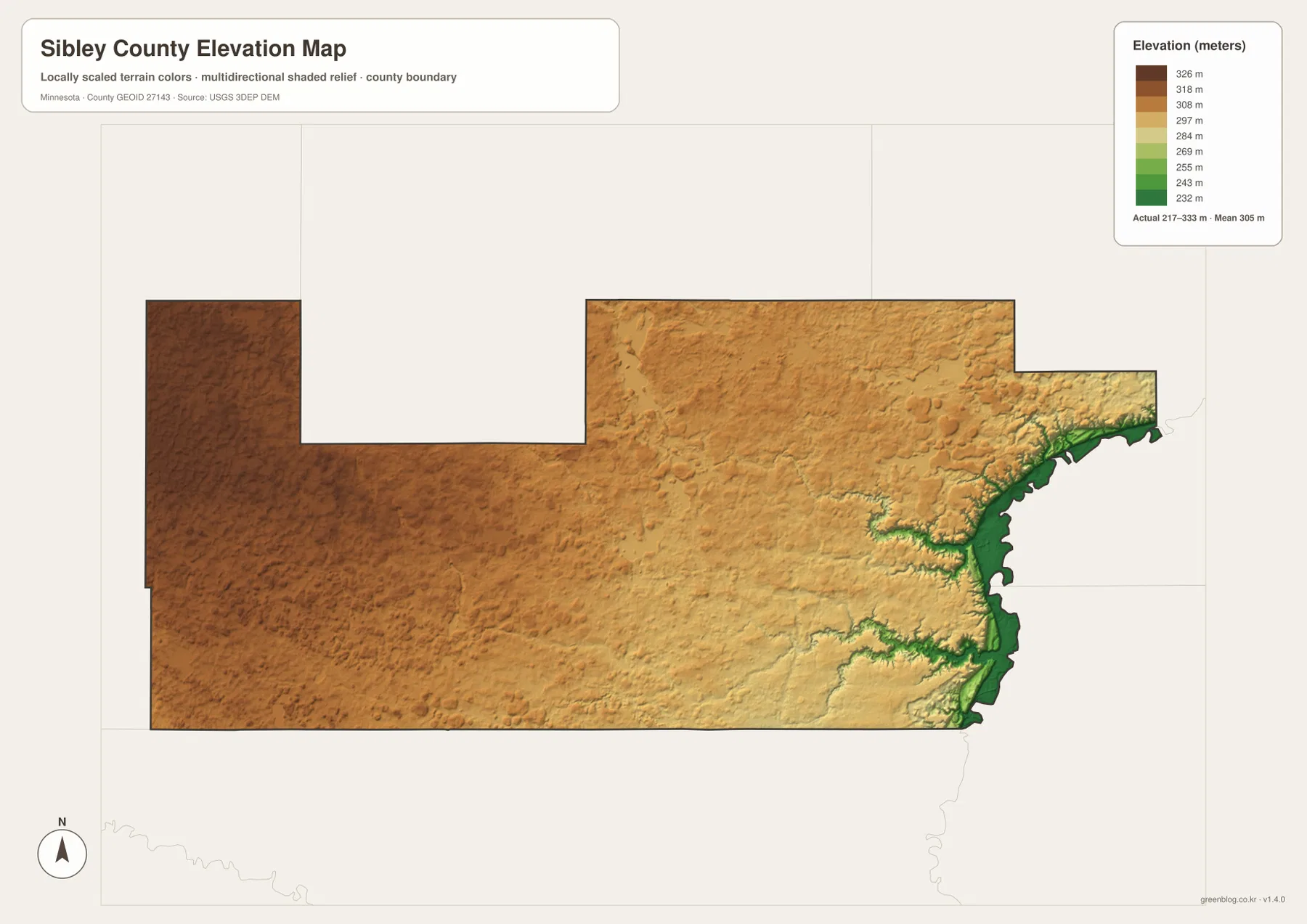 217m에서 333m 사이 Sibley County 고도와 서부 고지, Minnesota River와 Henderson 주변 저지를 보여 주는 고도 지도