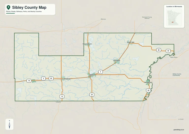 시블리 카운티 지도(Sibley County) – Gaylord에서 Henderson까지, Minnesota River와 두 하천