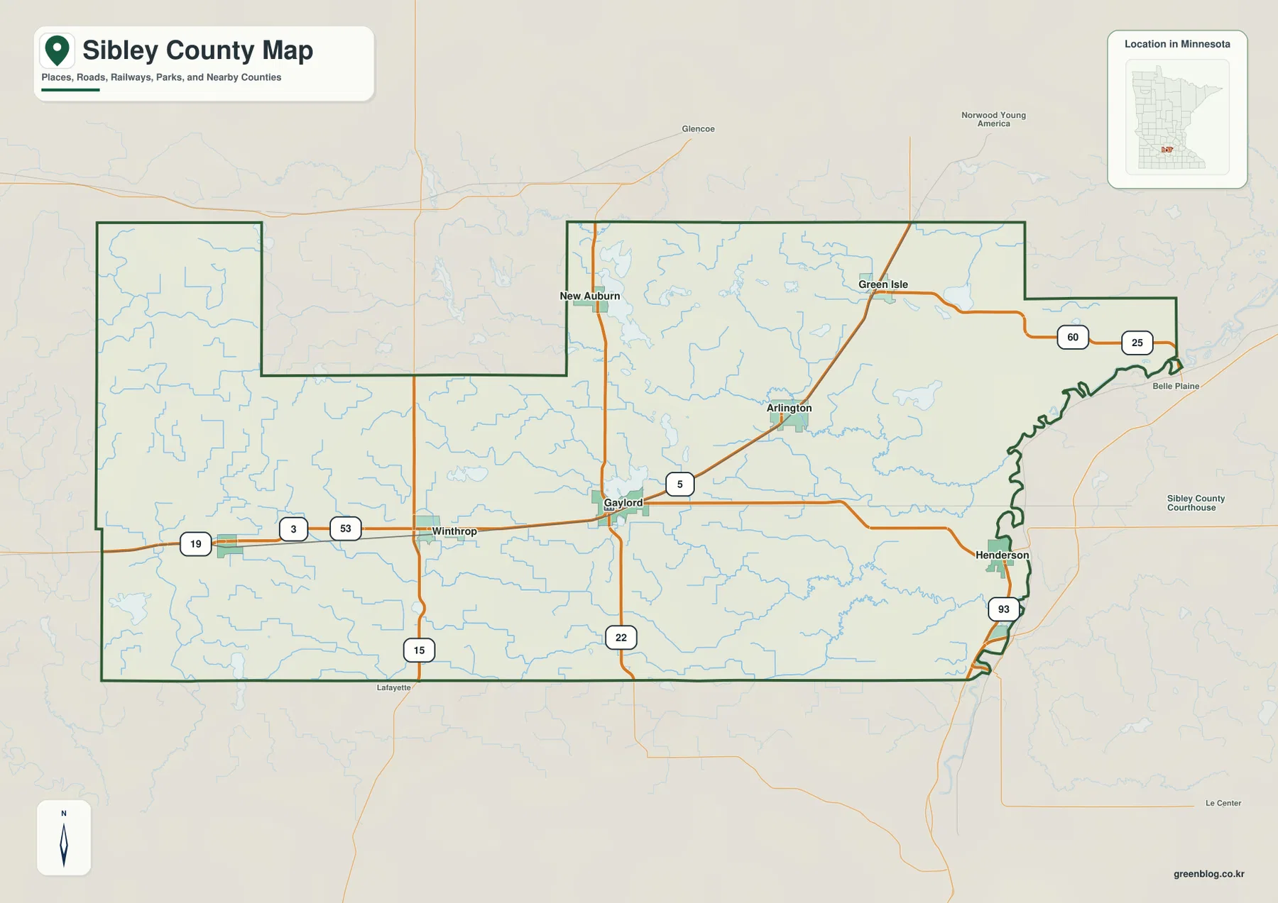 Gaylord, Arlington, Winthrop, Gibbon, Henderson, Green Isle과 MN 5, 19, 22, Minnesota River 경계를 표시한 Sibley County 지도