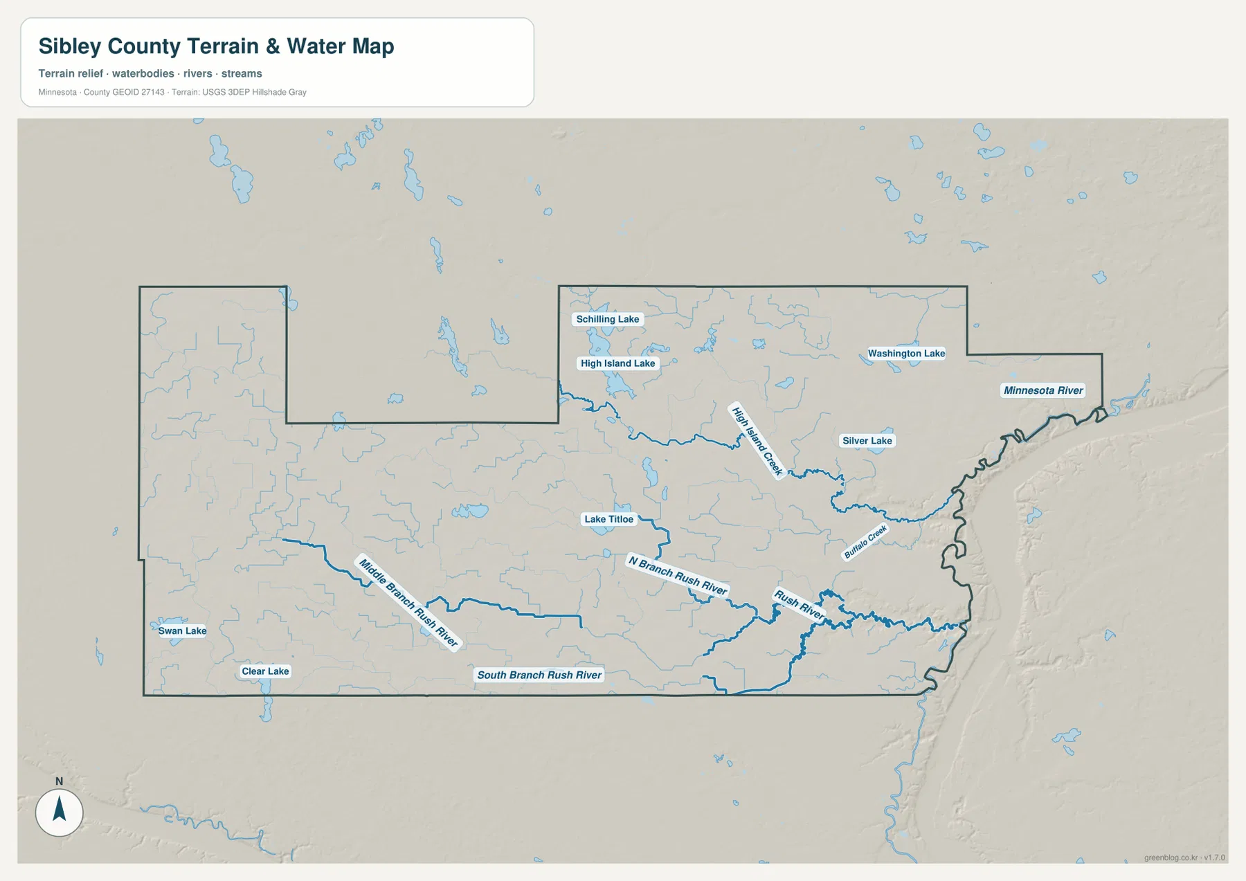Minnesota River, High Island Creek, Rush River와 지류, High Island Lake, Washington Lake, Silver Lake, Swan Lake를 표시한 Sibley County 수역 지도