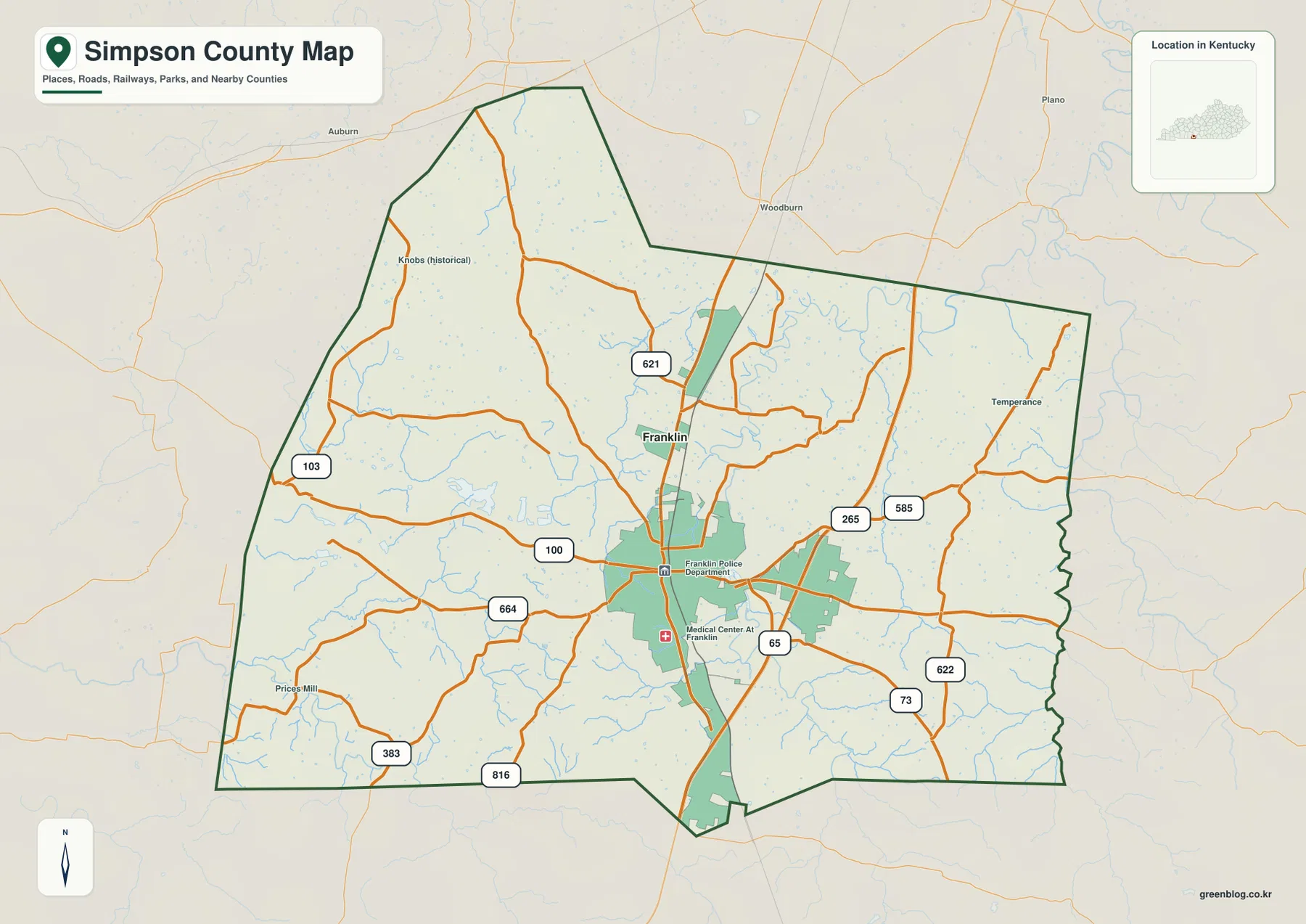 Simpson County 경계와 Franklin, I-65, U.S. 31W, KY 100, 73, 383, 585, 621 등 주요 도로를 표시한 지도