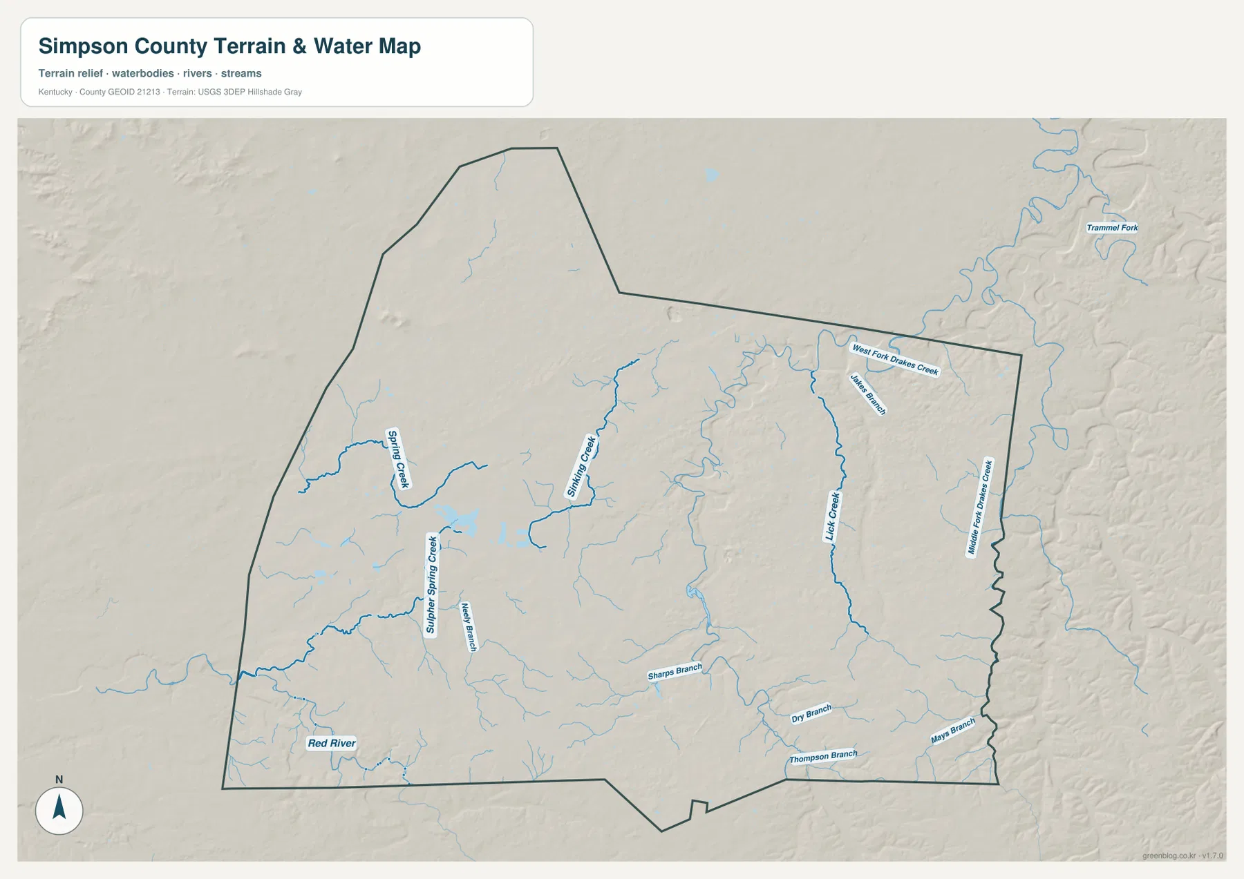 Simpson County의 Red River, Spring Creek, Sulphur Spring Creek, Sinking Creek, Lick Creek, West Fork와 Middle Fork Drakes Creek을 표시한 수역 지도