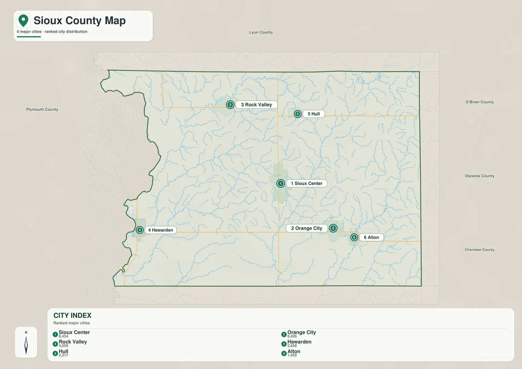 Sioux County Iowa Sioux Center Orange City Rock Valley Hawarden Hull Alton 도시 지도