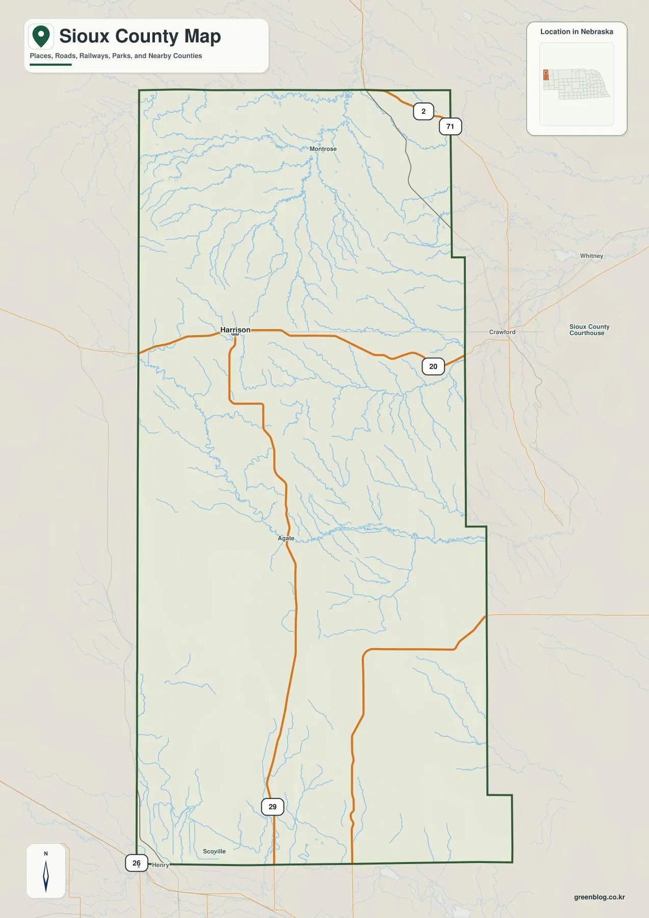 Harrison, Agate, U.S. 20, Nebraska 29와 71을 표시한 Sioux County Nebraska 지도