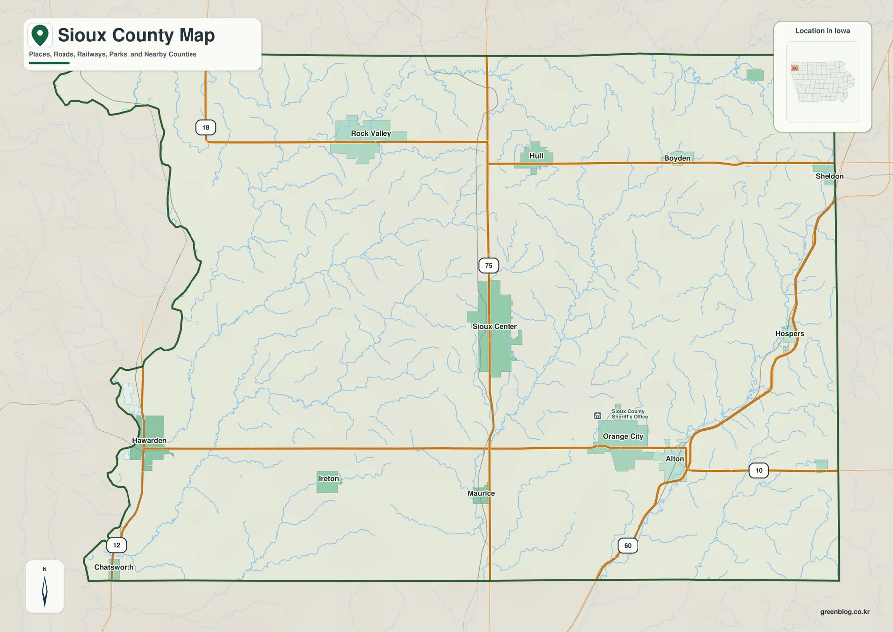 Sioux County Iowa Sioux Center Orange City Rock Valley 75 18 10 지도