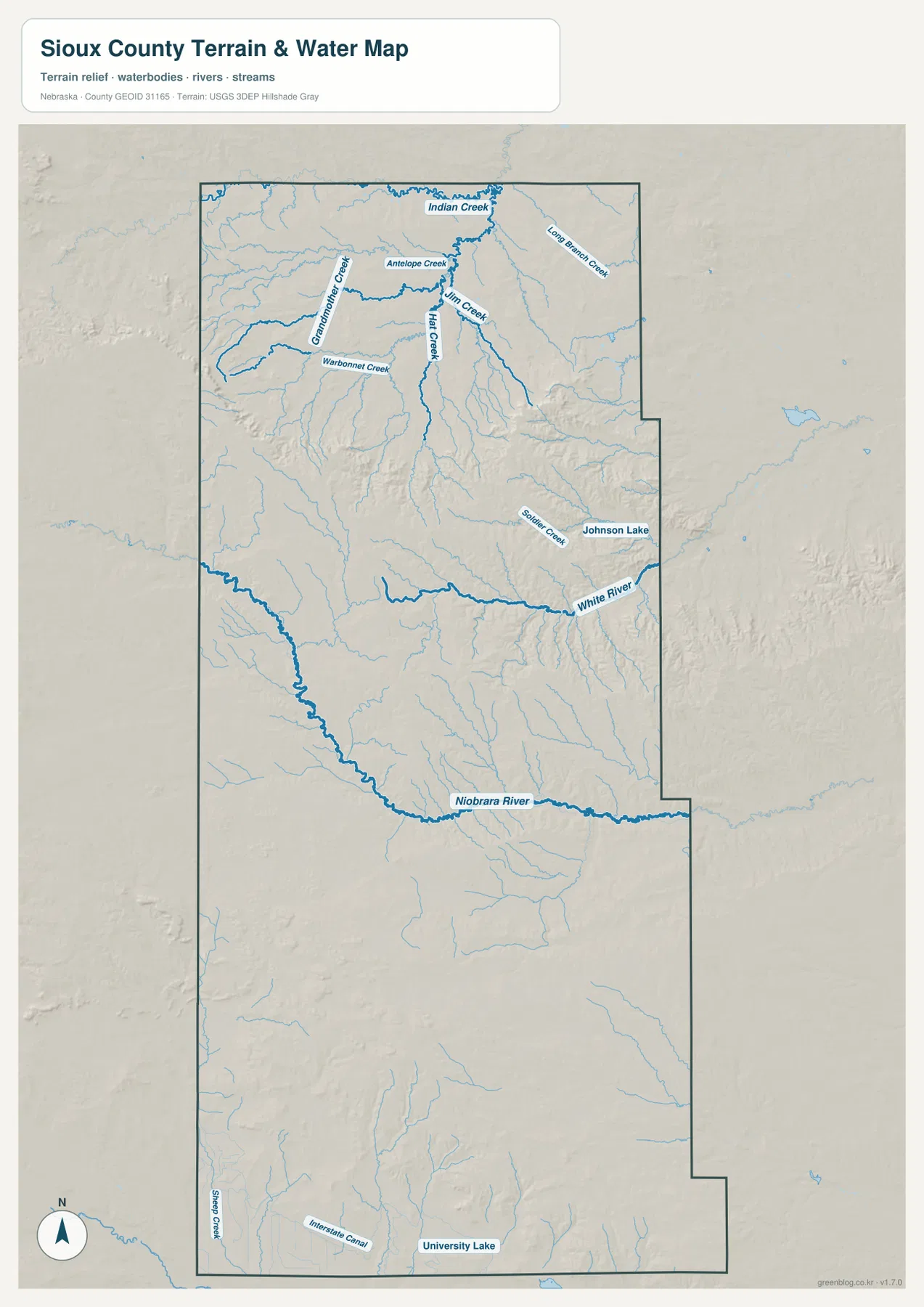 Niobrara River, White River, Hat Creek, Warbonnet Creek, Antelope Creek를 표시한 Sioux County 물길 지도