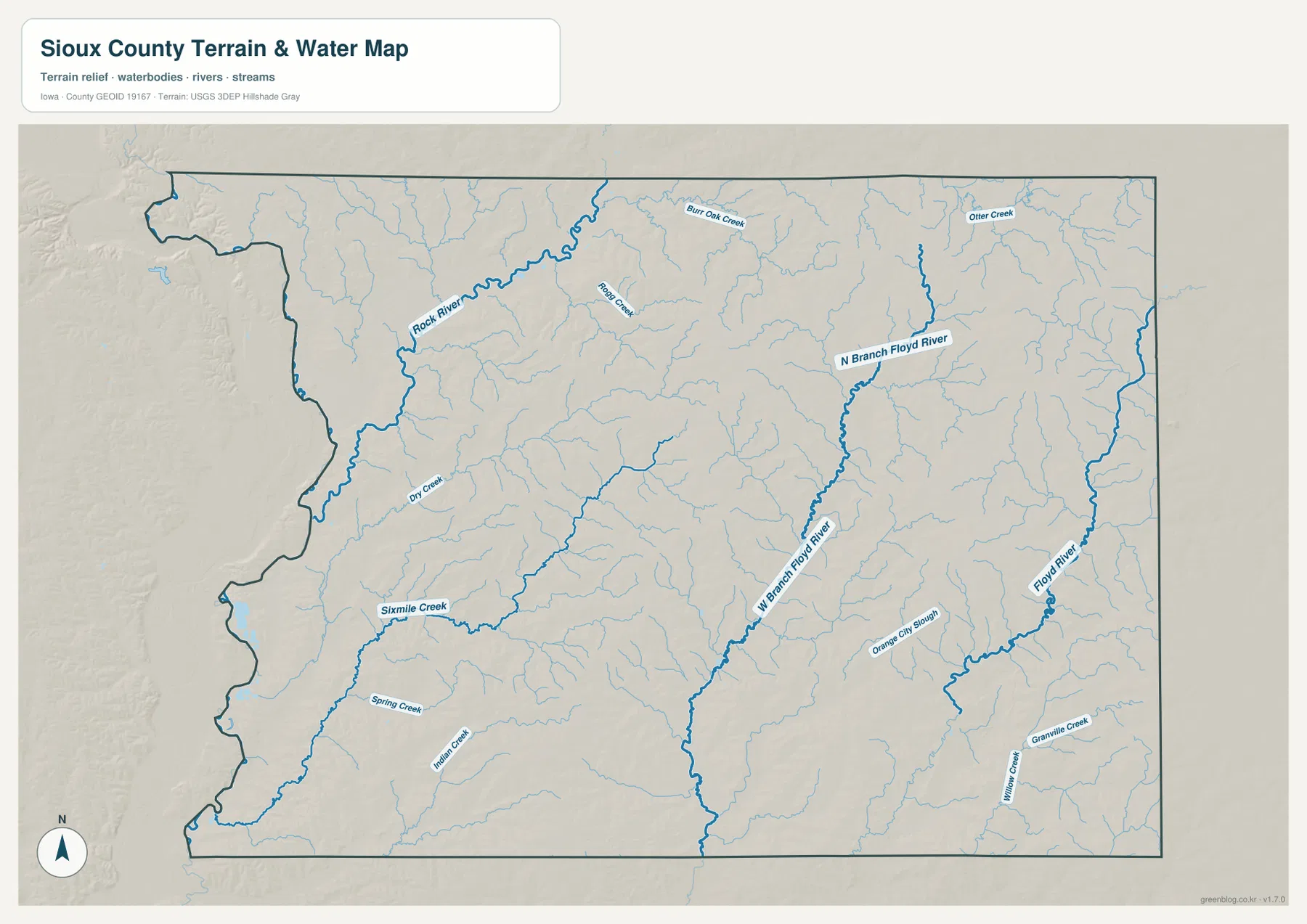 Sioux County Iowa Rock River Floyd River Sixmile Creek Orange City Slough 물 지형 지도