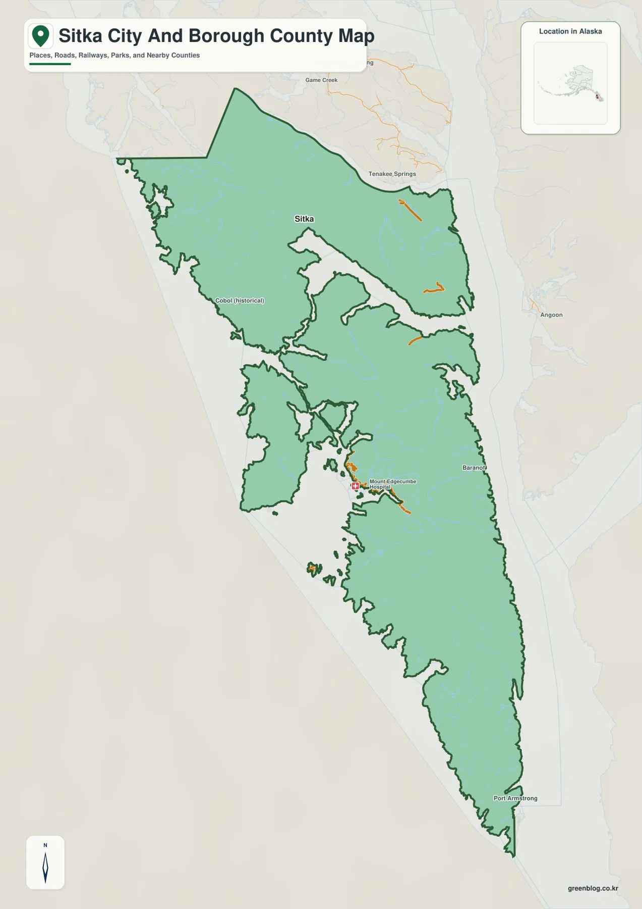 시트카 시티 앤드 버러 지도에서 Sitka, Baranof, Port Armstrong과 긴 해안 경계를 표시