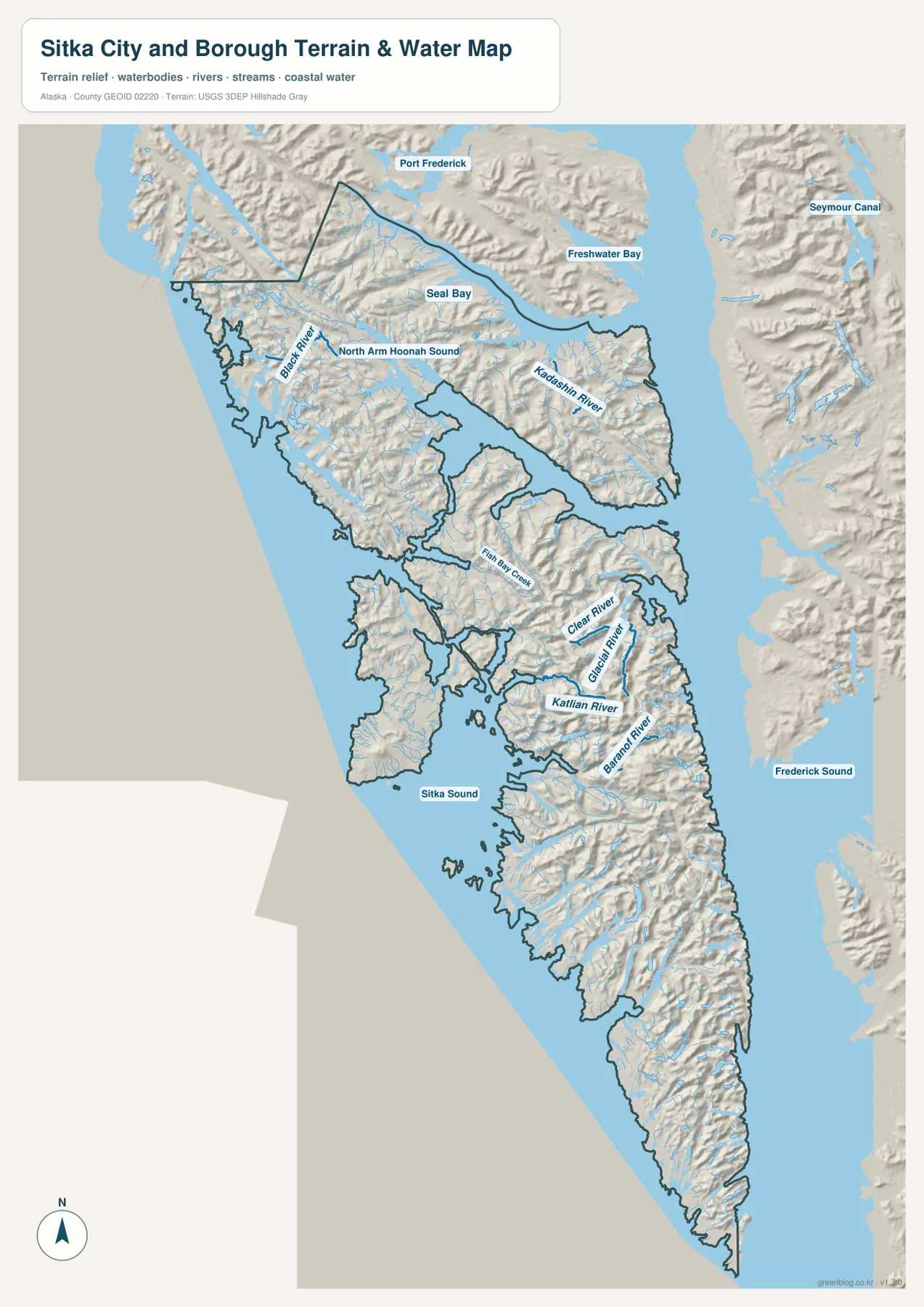 시트카 시티 앤드 버러 지도 수역 자료에 Sitka Sound, Port Frederick, Black River와 Baranof River 표시