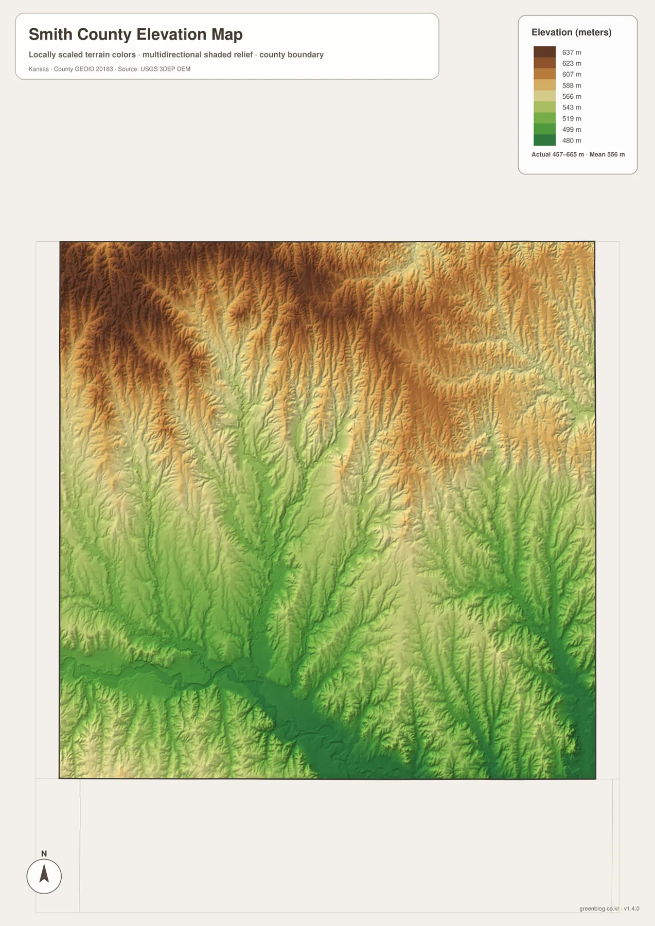 Smith County Kansas elevation map showing 457 to 665 meter relief, high northern uplands and lower North Fork Solomon River valley