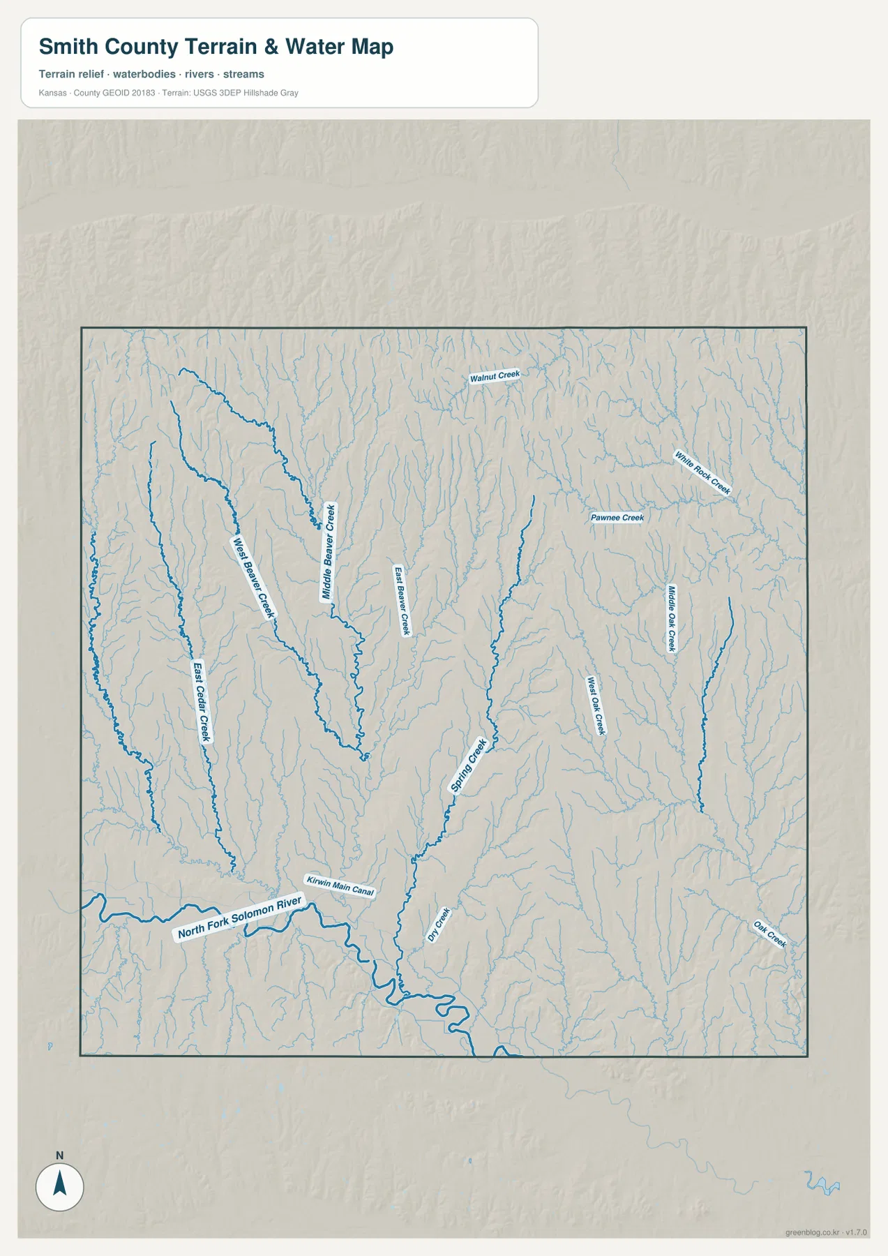 스미스 카운티 North Fork Solomon River, West Beaver Creek, Middle Beaver Creek, Spring Creek, White Rock Creek 수역 지도