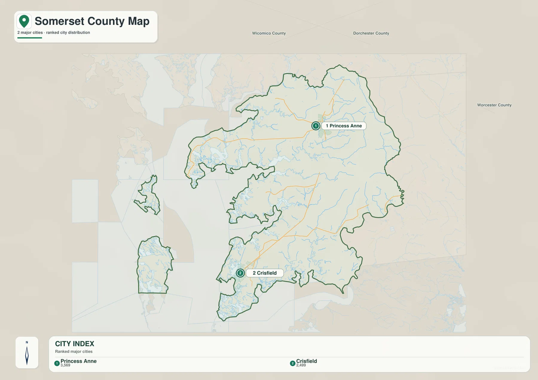 Somerset County Maryland City Index map ranking Princess Anne and Crisfield