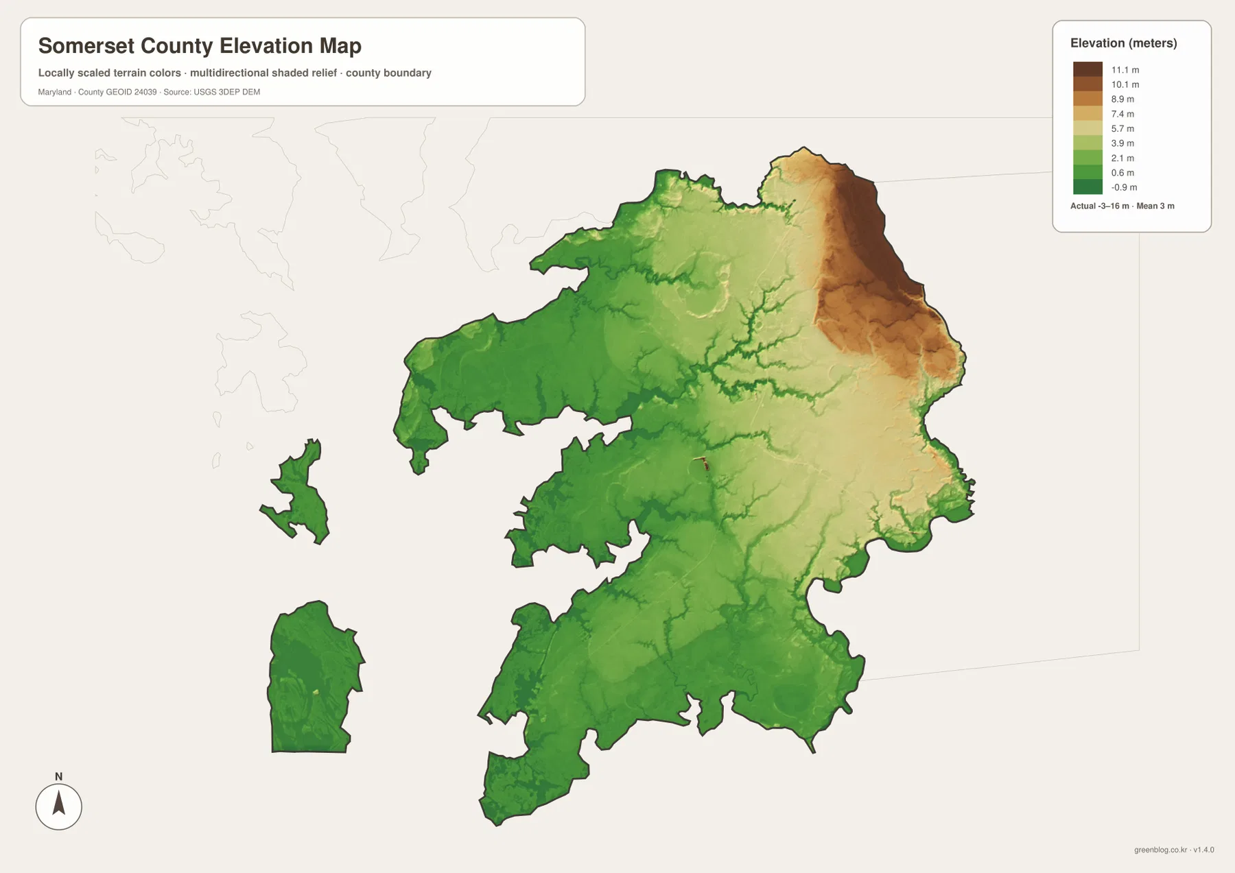 Somerset County Maryland elevation map showing relatively higher northeastern interior terrain and very low coastal land around Deal Island, Crisfield, Smith Island and Tangier Sound