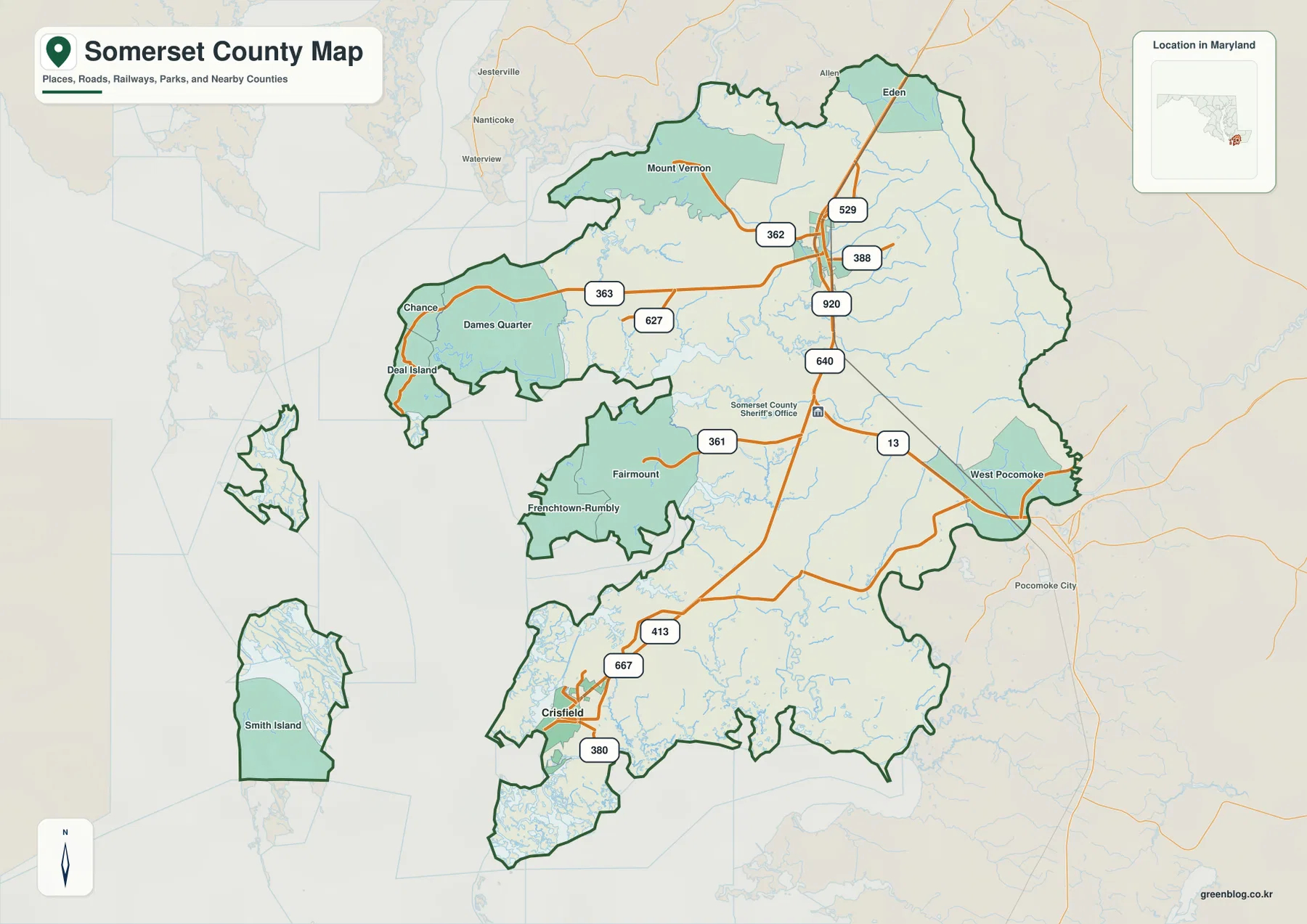 Somerset County Maryland map showing Princess Anne, Crisfield, Mount Vernon, Chance, Deal Island, Fairmount, West Pocomoke, Smith Island and major roads