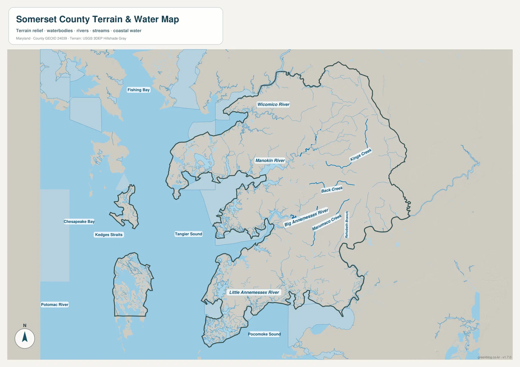 Somerset County Maryland terrain and water map showing Chesapeake Bay, Tangier Sound, Wicomico River, Manokin River, Big Annemessex River, Little Annemessex River, Kings Creek, Back Creek and Pocomoke Sound