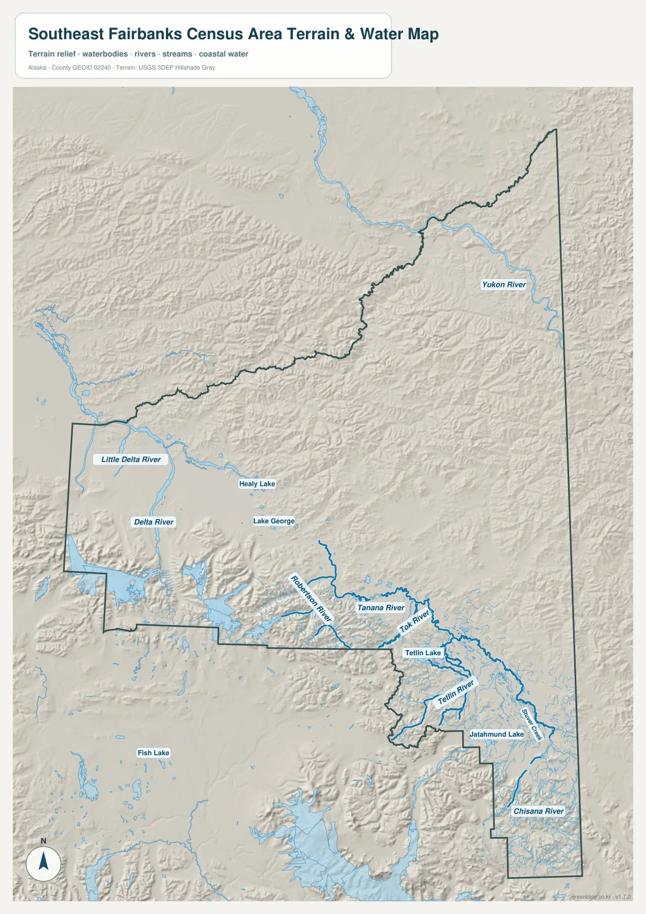 사우스이스트 페어뱅크스 센서스 에어리어 Tanana River Yukon River 지형 수역 지도