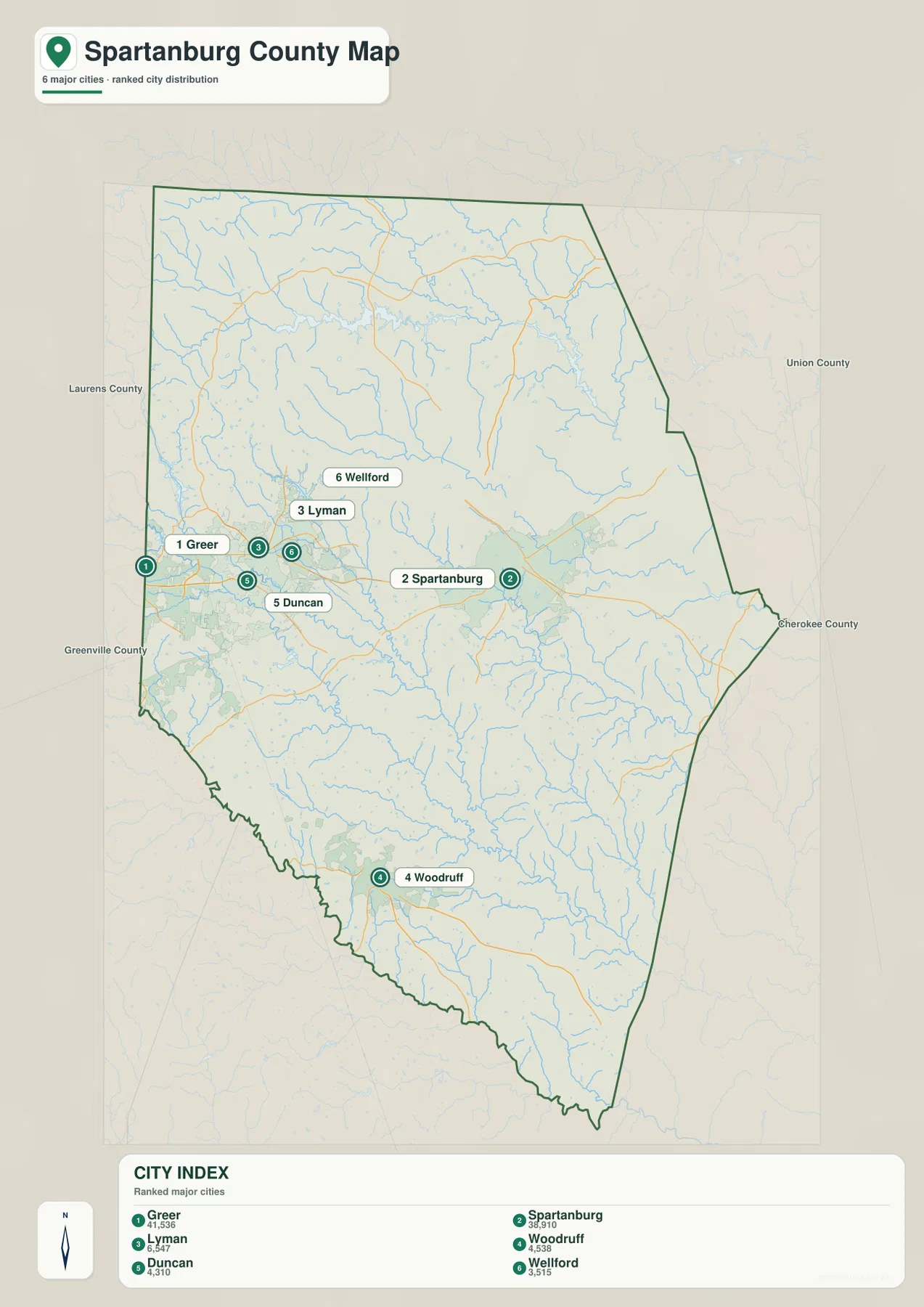 Spartanburg County city map with Greer, Spartanburg, Lyman, Woodruff, Duncan and Wellford