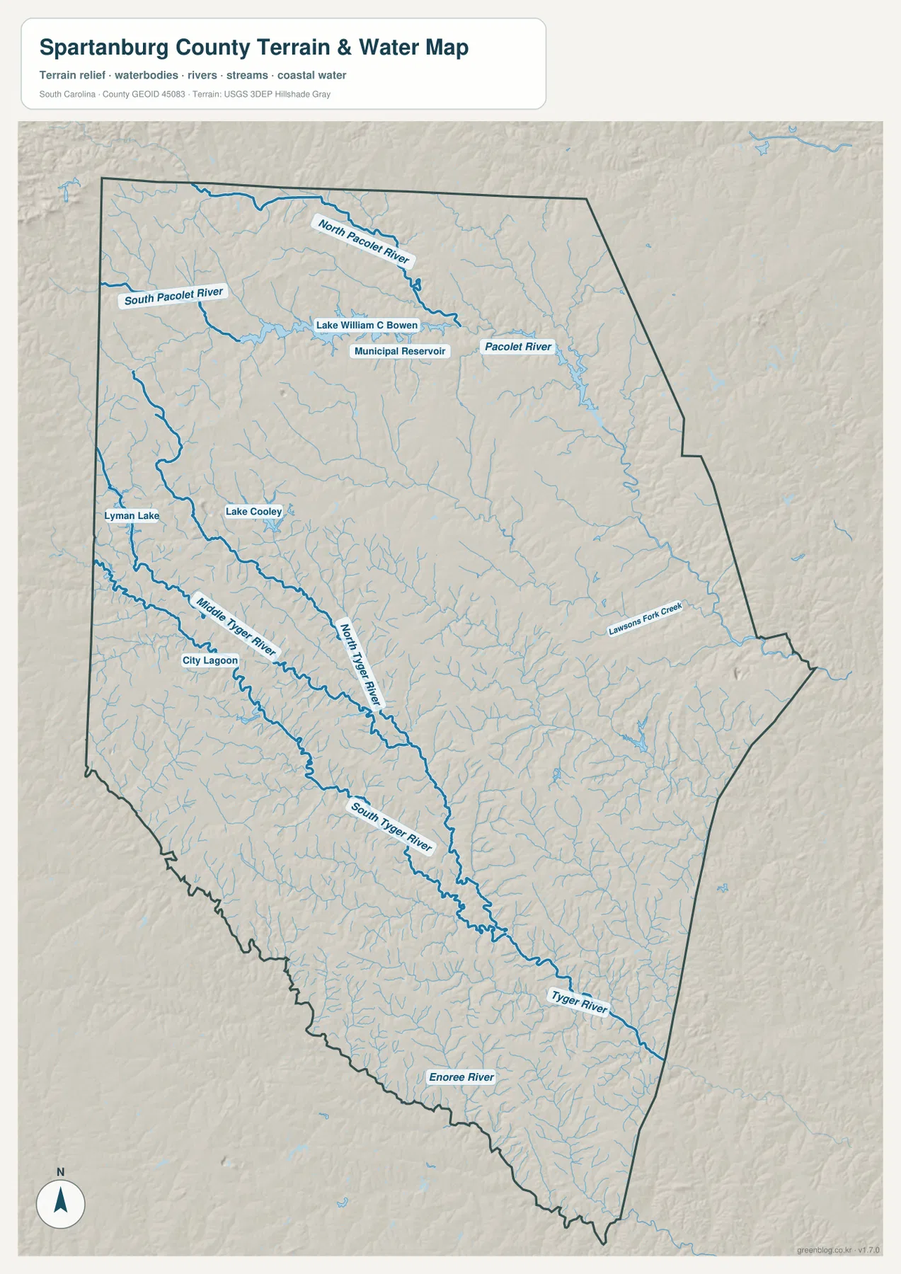 Spartanburg County terrain and water map with Pacolet River, Lake William C Bowen, Tyger River branches and Enoree River
