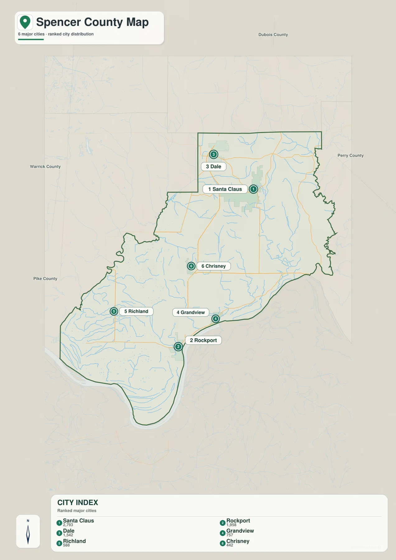 Spencer County 도시 지도에서 Santa Claus, Rockport, Dale, Grandview, Richland, Chrisney의 위치가 표시된 모습