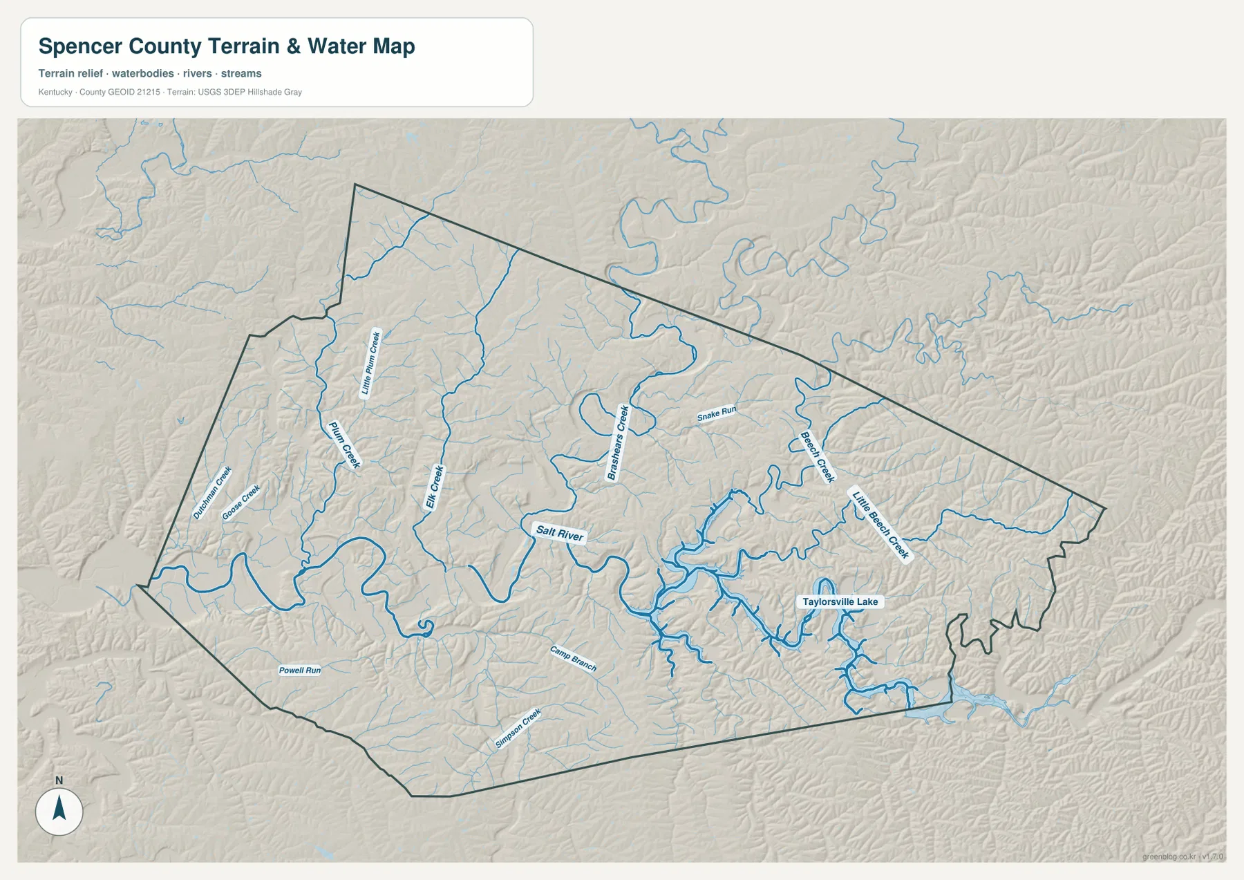Spencer County의 Salt River, Taylorsville Lake, Plum Creek, Elk Creek, Brashears Creek, Beech Creek, Little Beech Creek과 여러 지류를 표시한 수역 지도