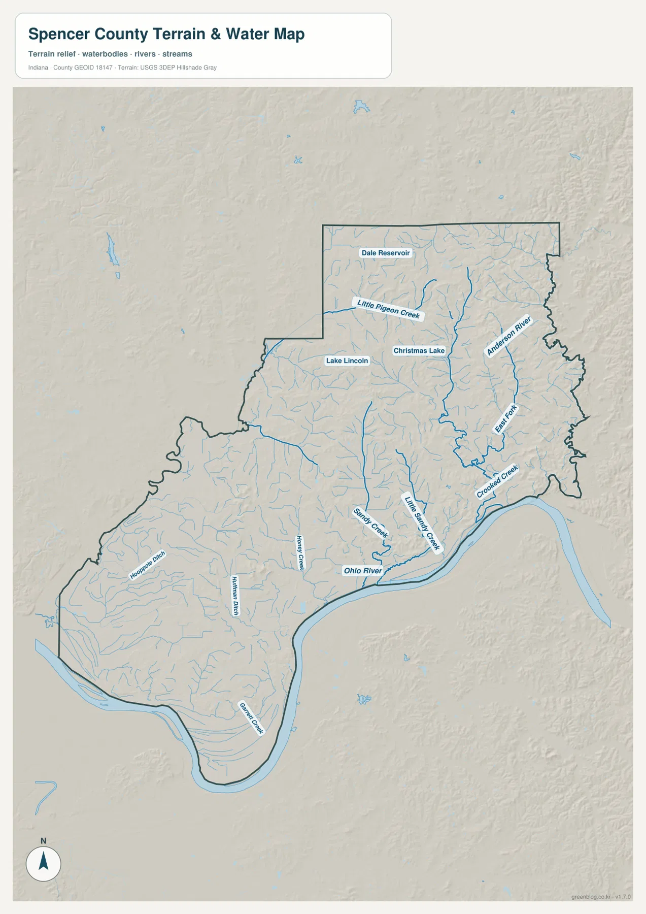 Spencer County 수역 지도에 Ohio River, Anderson River, Little Pigeon Creek, Crooked Creek, Dale Reservoir, Lake Lincoln, Christmas Lake가 표시된 모습