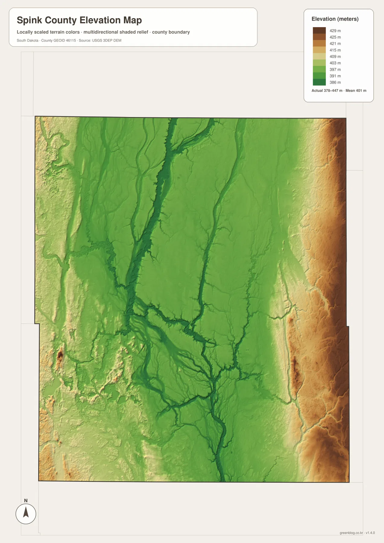 Spink County elevation map with an Actual range of about 378 to 447 meters, a low James River corridor and higher eastern terrain