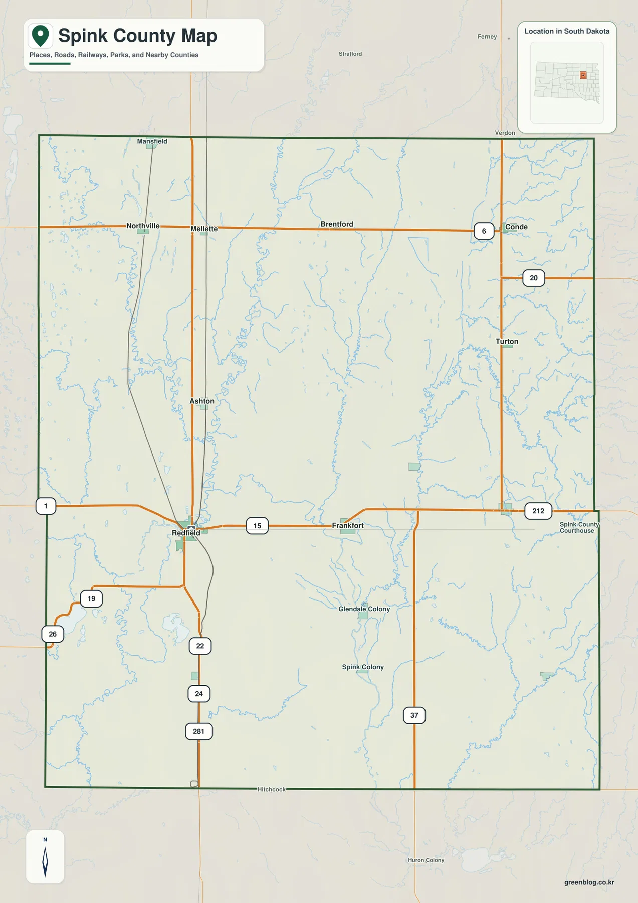 Spink County map showing Redfield, Frankfort, Northville, Mellette, Conde, Turton, roads, railway, streams, and the county boundary