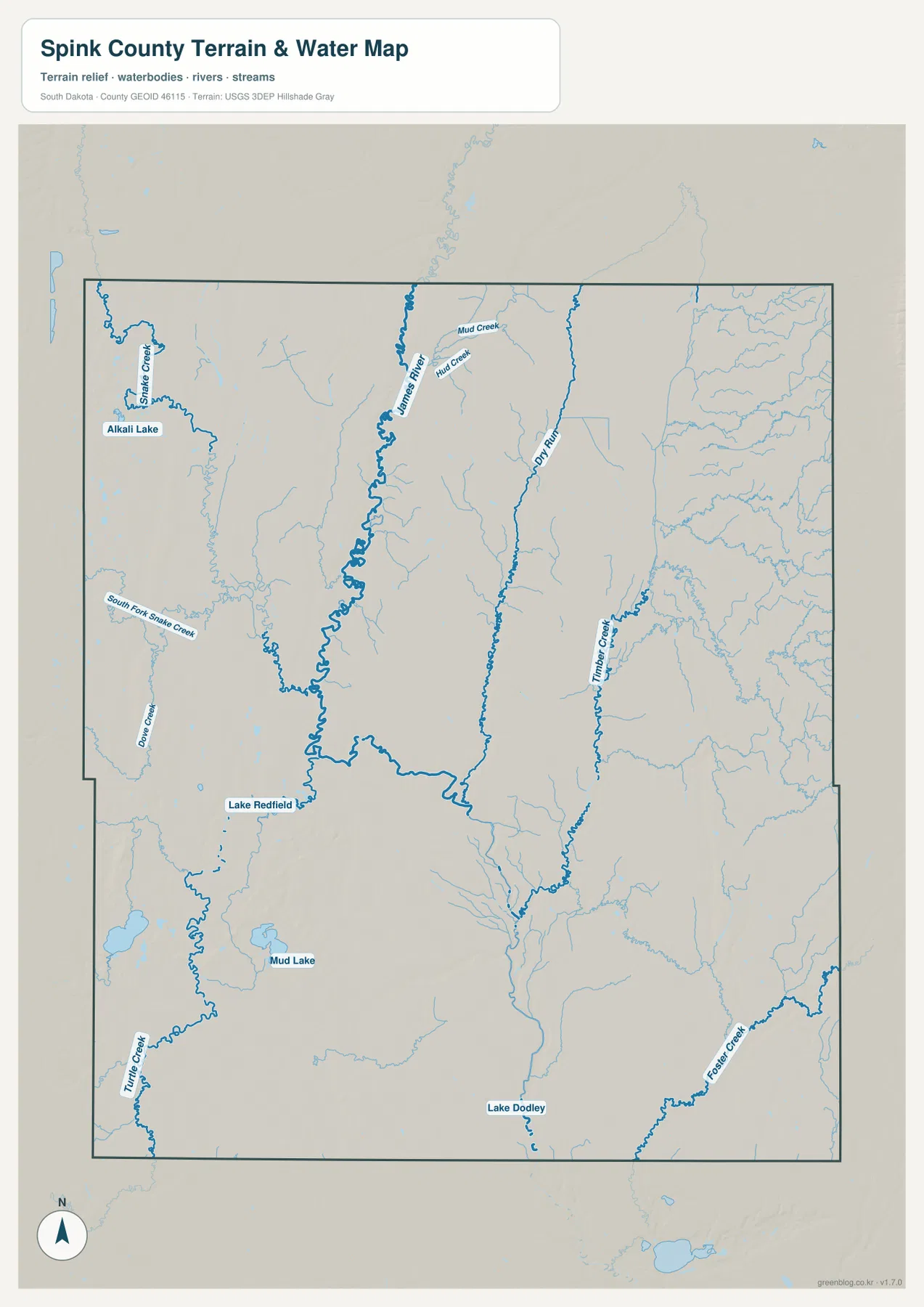 Spink County terrain and water map showing James River, Doland River, Snake Creek, Timber Creek, Turtle Creek, Foster Creek, Lake Redfield, Mud Lake and Lake Dodley