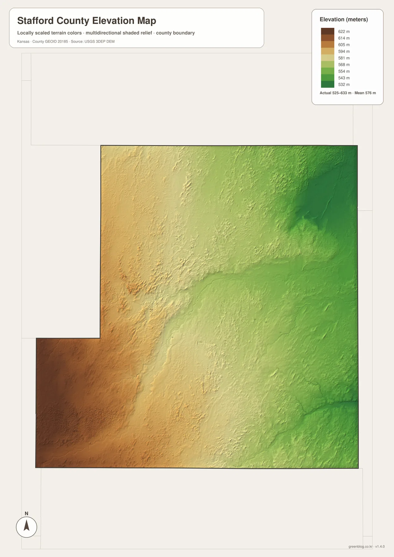 Stafford County Kansas elevation map showing 525 to 633 meter relief, higher southwest plains and lower Quivira wetlands
