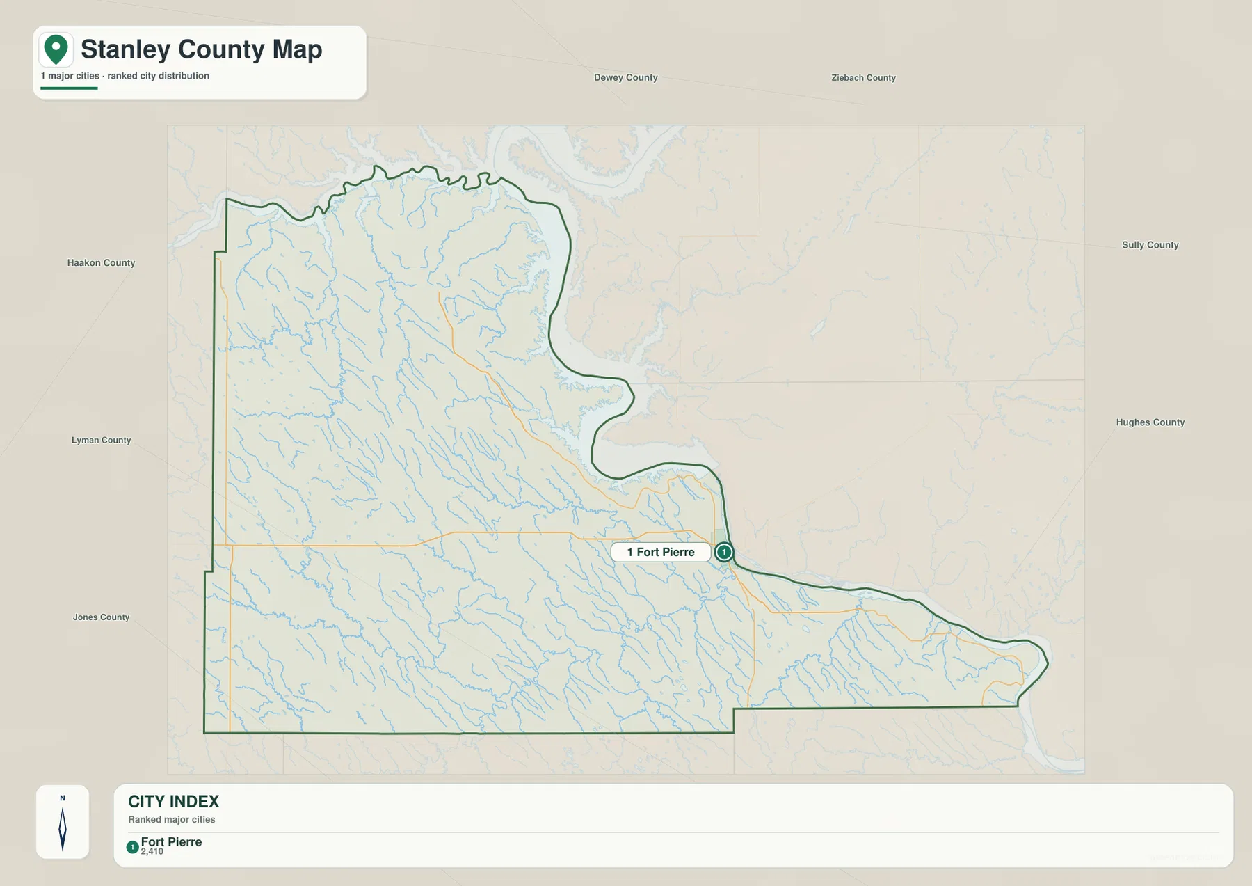 Stanley County city distribution map with Fort Pierre as the only ranked major city and neighboring counties labeled